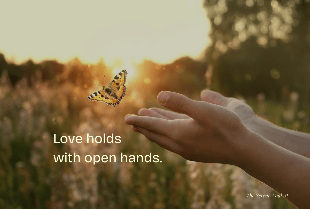An open hand releasing a butterfly into the golden evening light, with the words "Love holds with open hands." symbolising healthy boundaries, trust, freedom, and love without control.