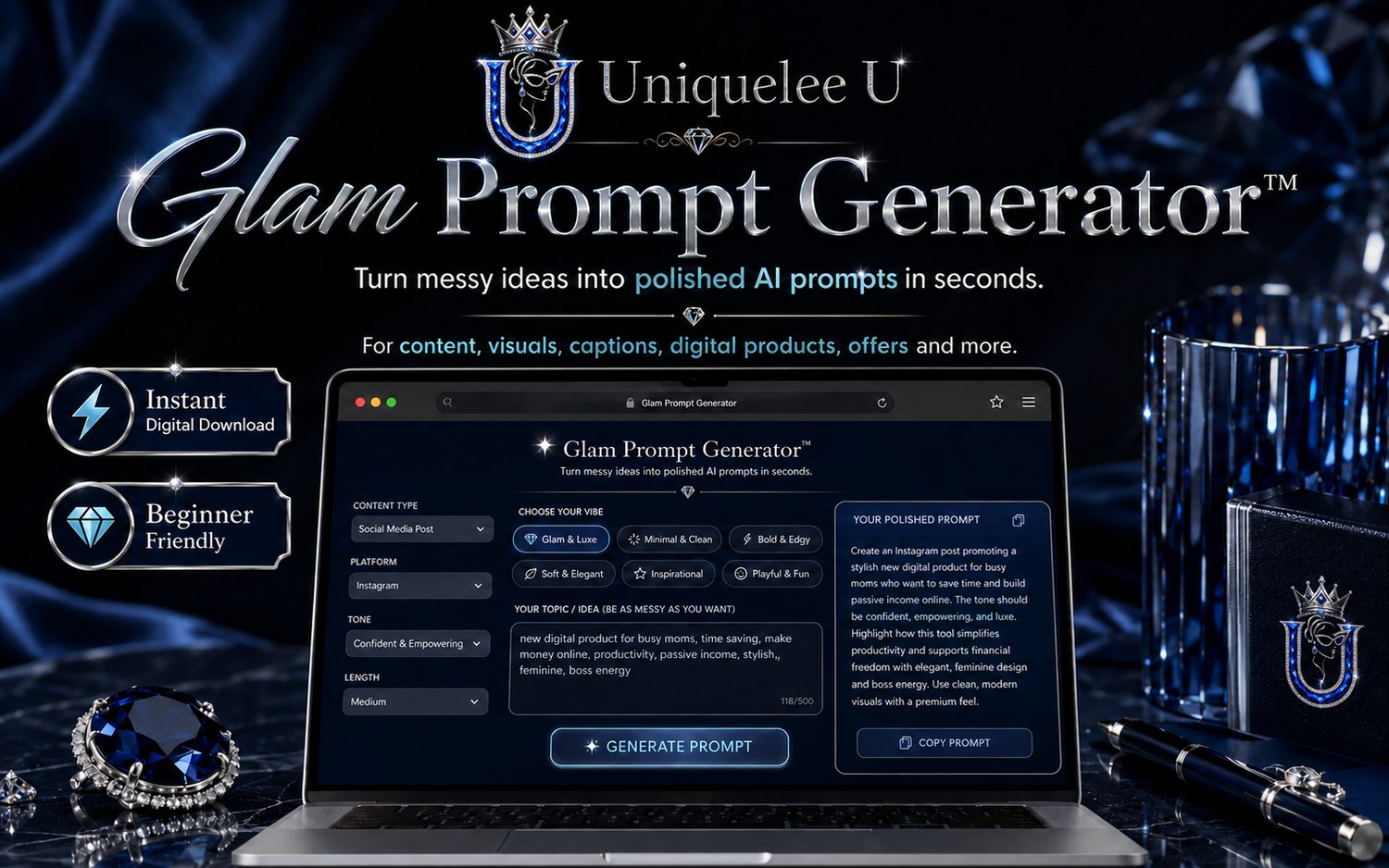 Glam Prompt Generator by Uniquelee U shown on a laptop with a sapphire blue and black luxury design.