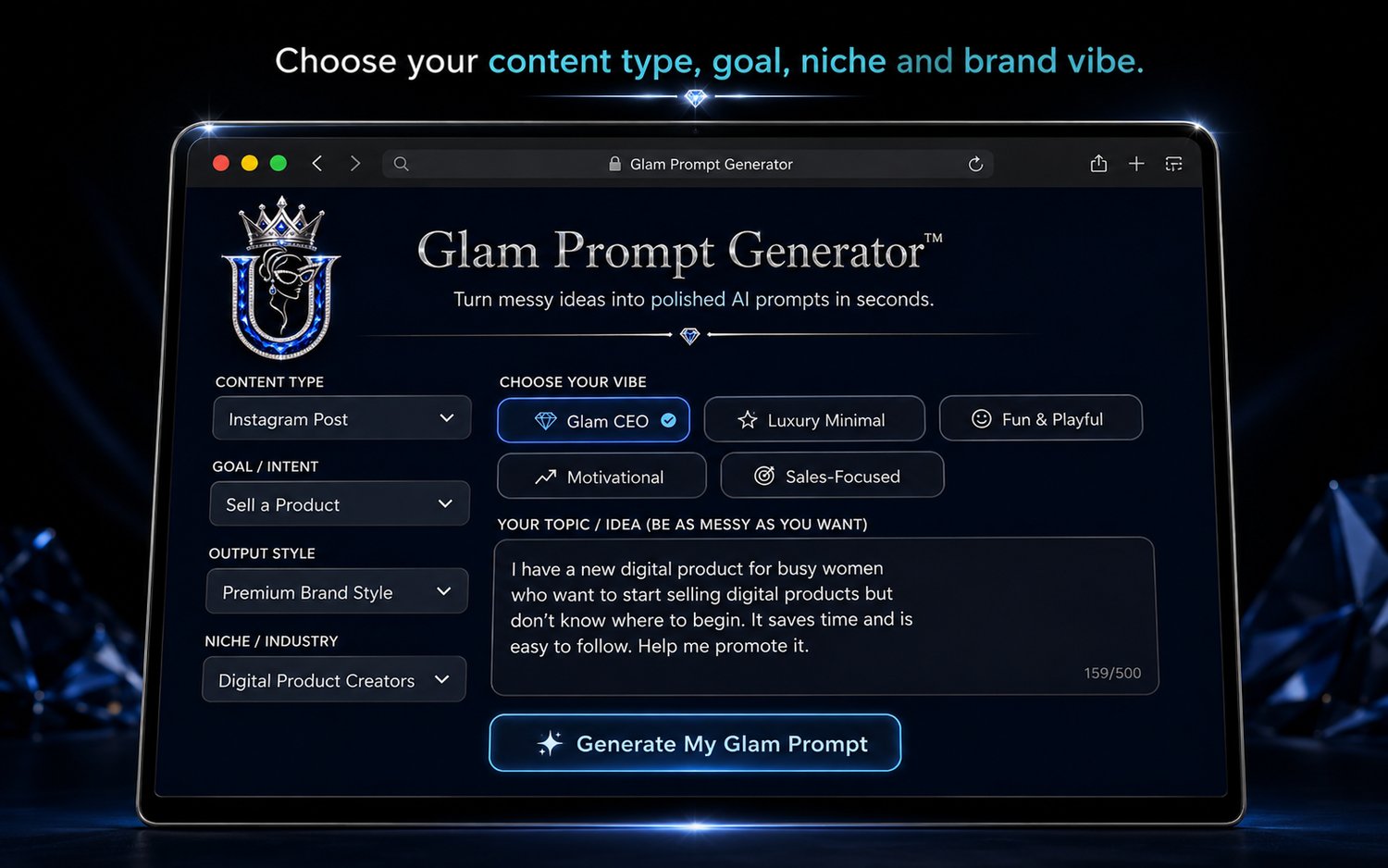 Glam Prompt Generator form showing content type, goal, niche, brand vibe, topic box and generate button.
