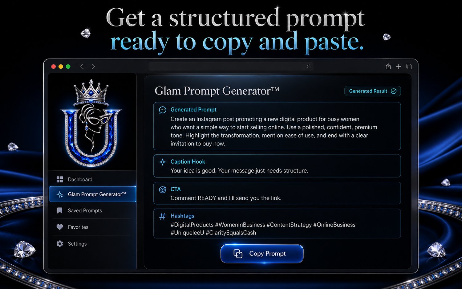 Generated AI prompt result with caption hook, call to action, hashtags and copy prompt button.