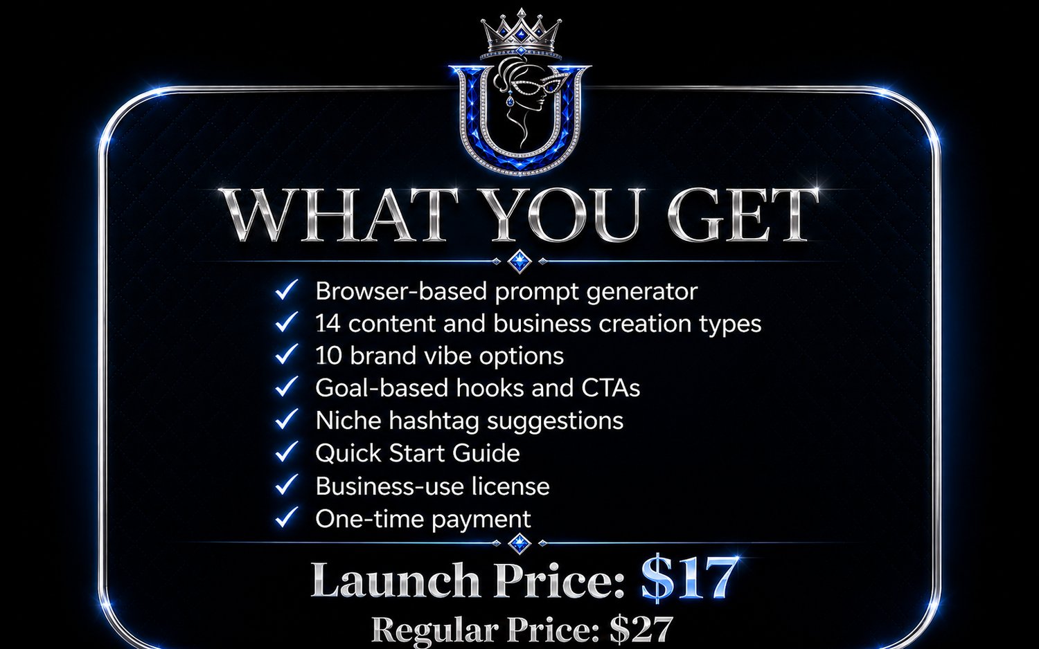 Glam Prompt Generator product features including 14 creation types, 10 brand vibes, quick start guide and business-use license.