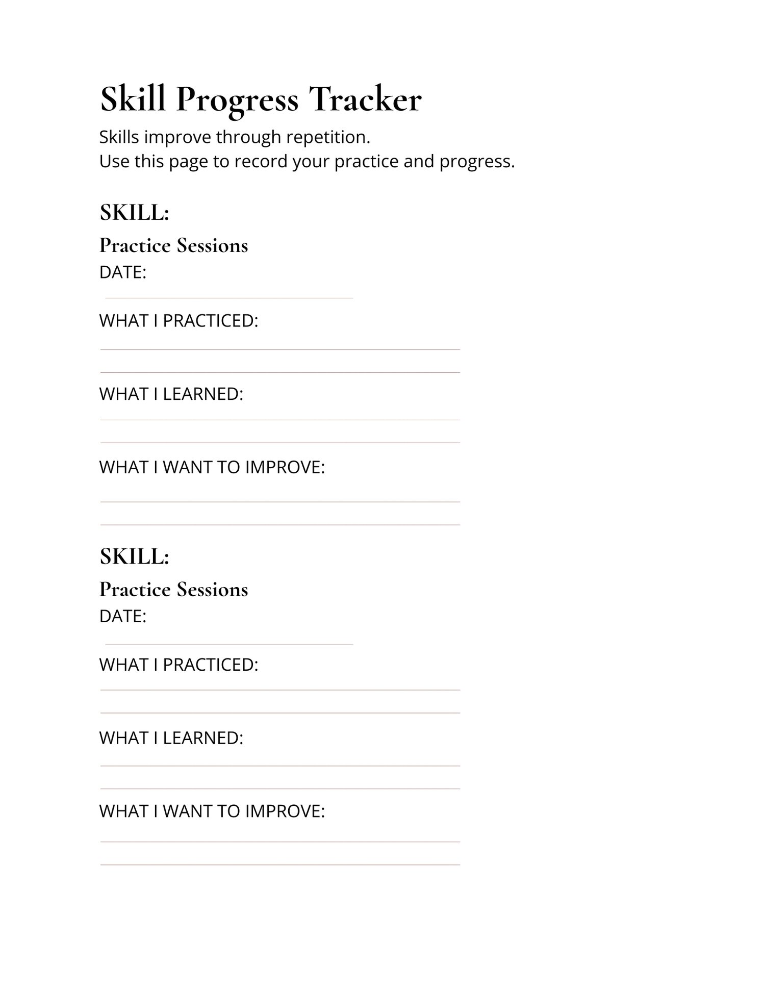Annual skill planning worksheet showing a simple system for organizing traditional skills and personal learning goals.Annual Skill Development Tracker PDF preview showing printable planning pages for building practical life skills throughout the year.