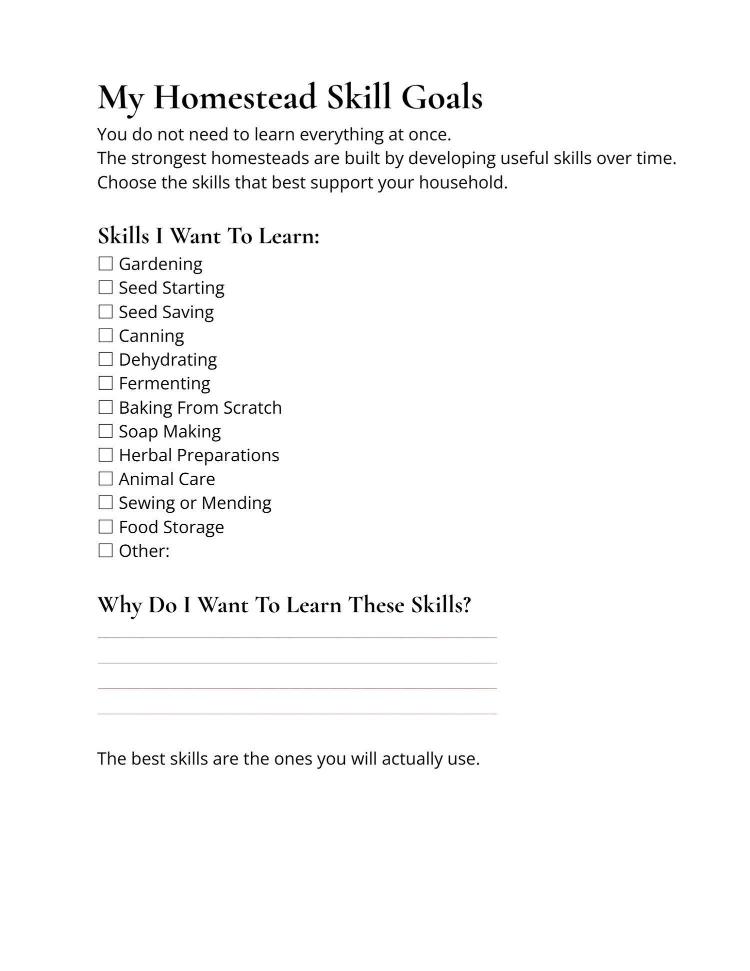 6-page skill development tracker printable showing worksheets for tracking progress toward homesteading, homemaking, and self-sufficiency goals.
