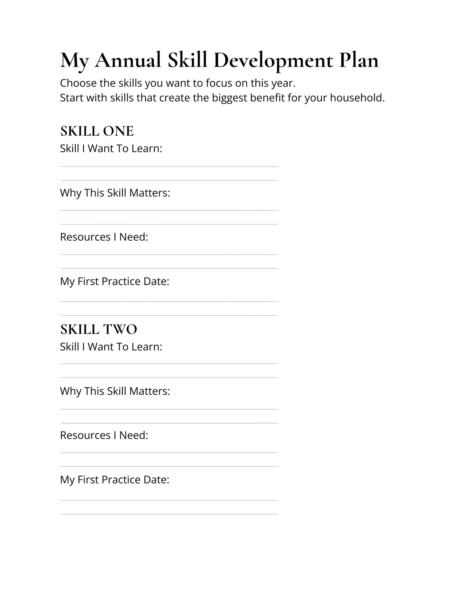 Printable skill tracker page designed for recording practical skills to learn, resources, notes, and accomplishments.