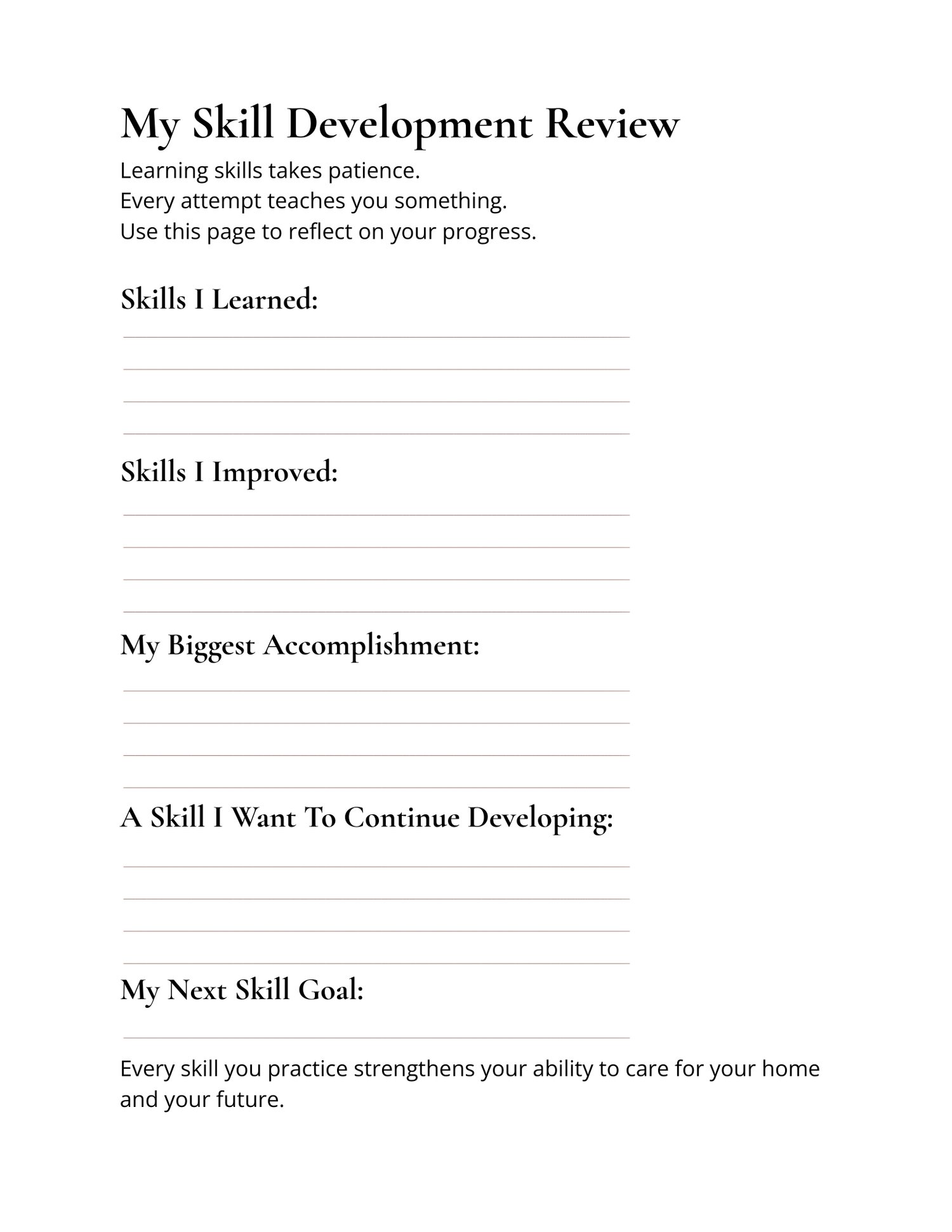 Annual Skill Development Tracker PDF preview showing printable planning pages for building practical life skills throughout the year.