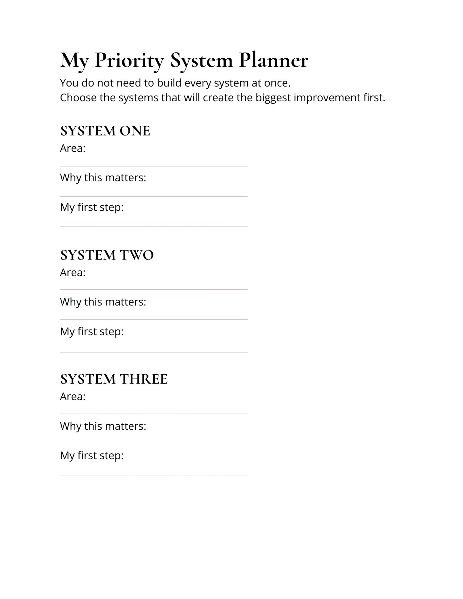 Homestead Systems Assessment worksheet showing practical questions and planning sections for improving self-sufficient living.