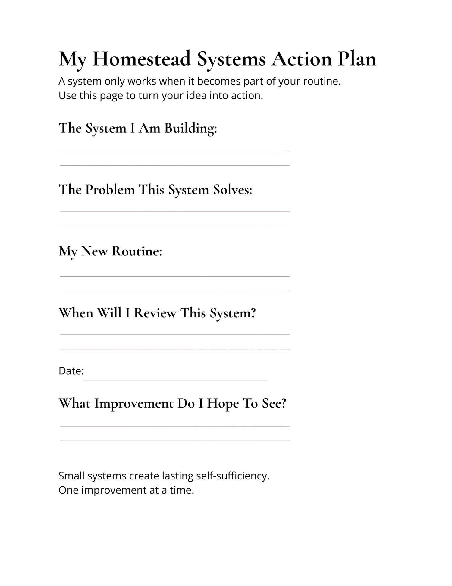Printable PDF preview of the Homestead Systems Assessment designed to help organize homestead goals and future improvements.