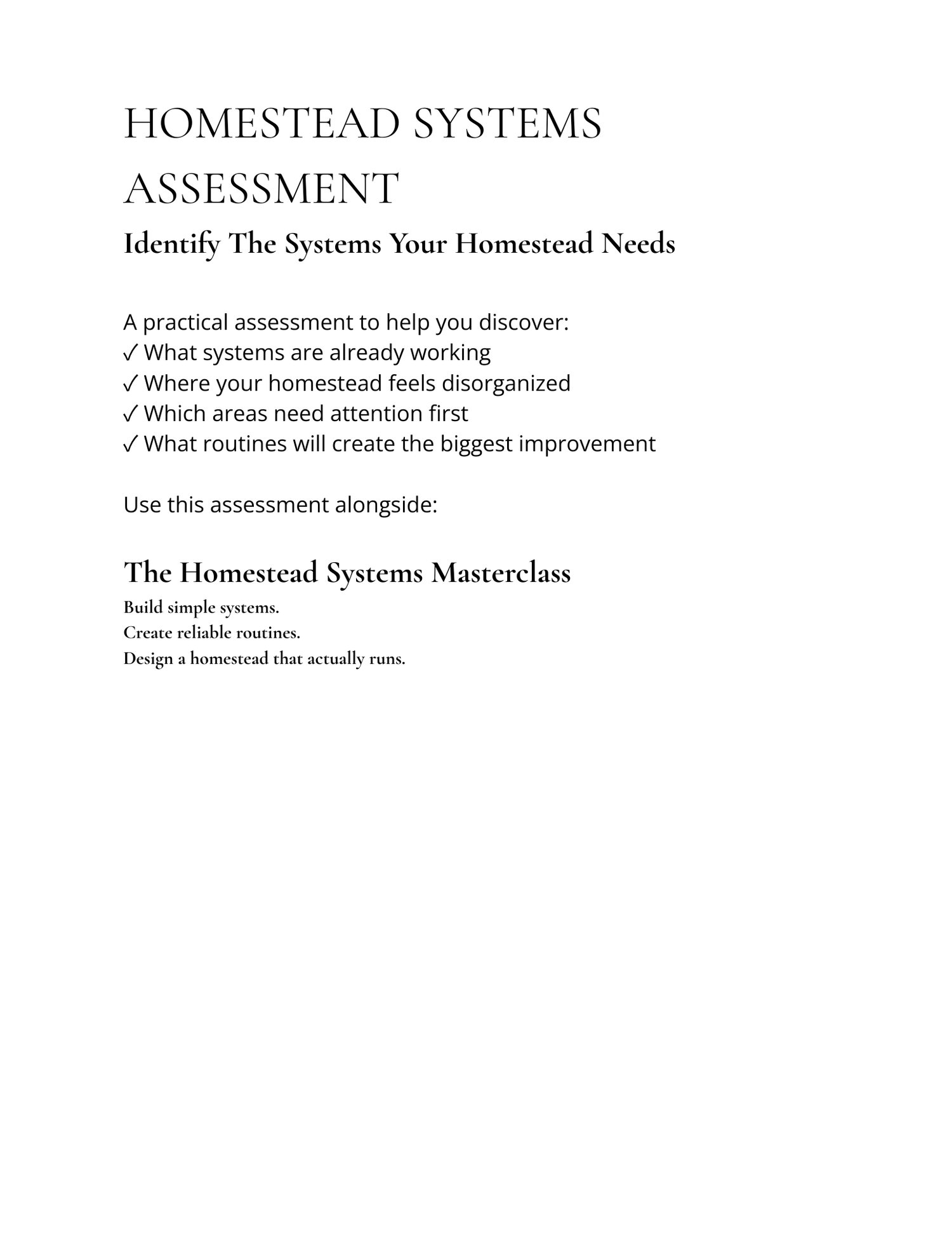 Inside the Homestead Systems Assessment showing printable evaluation pages for reviewing current homestead routines and systems.