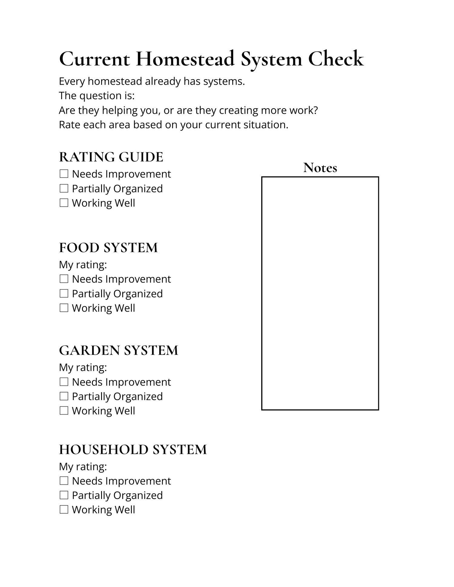 6-page homestead assessment printable featuring worksheets for identifying strengths, challenges, and improvement areas.Printable homestead planning page designed to evaluate food systems, garden routines, household organization, and seasonal tasks.