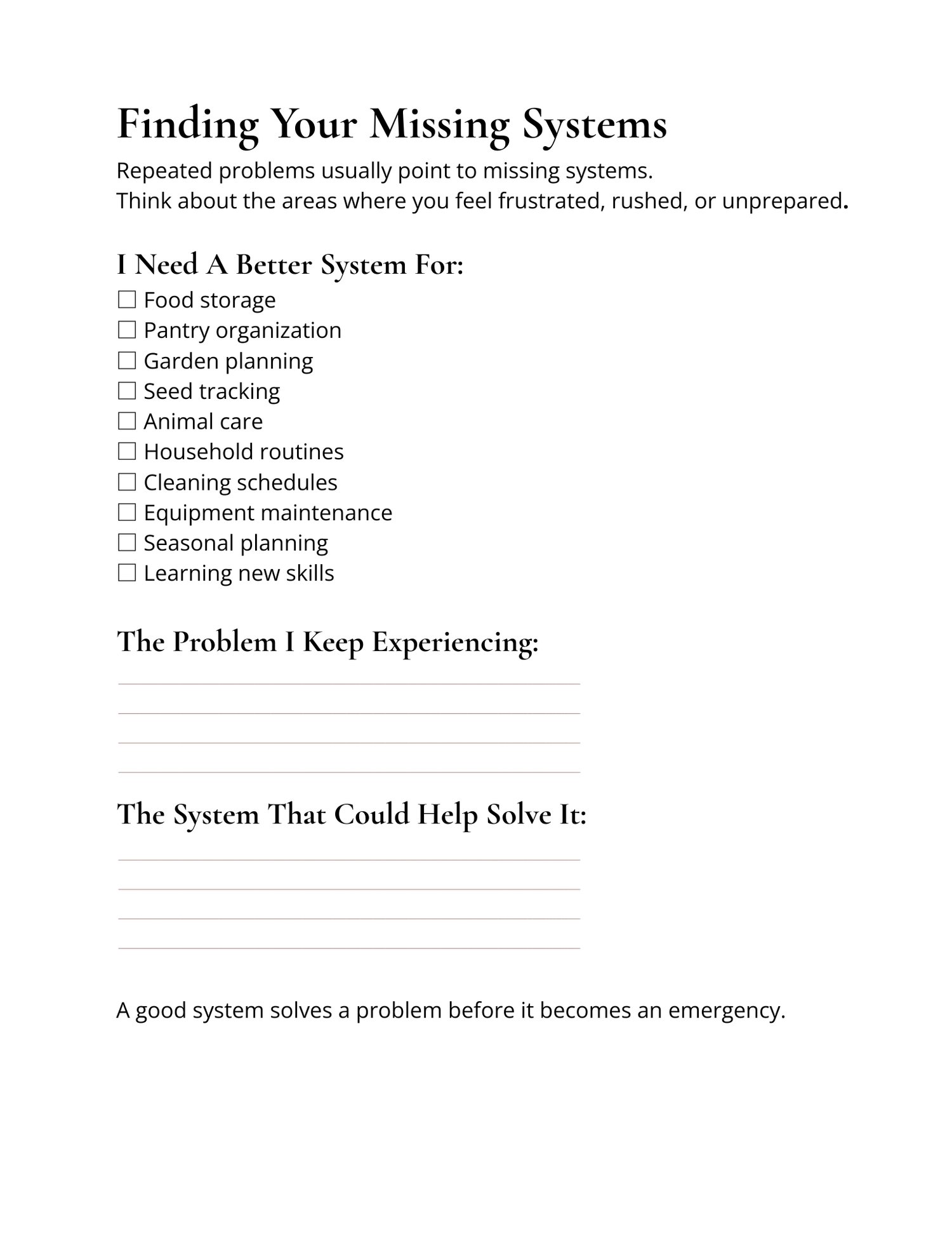 Printable homestead planning page designed to evaluate food systems, garden routines, household organization, and seasonal tasks.