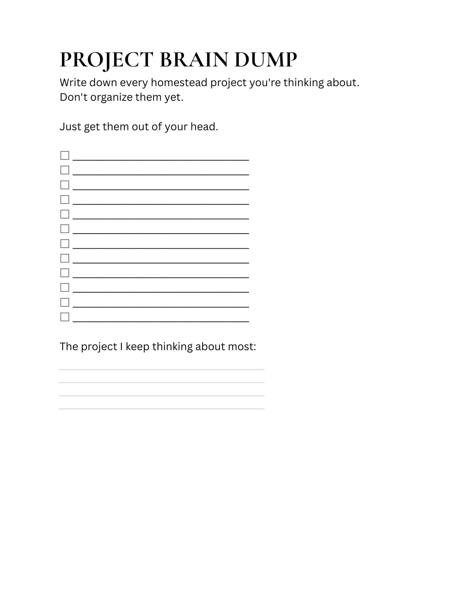 Inside the Homestead Project Priority Worksheets showing printable planning pages for organizing homestead ideas, evaluating priorities, and deciding which projects to complete first.