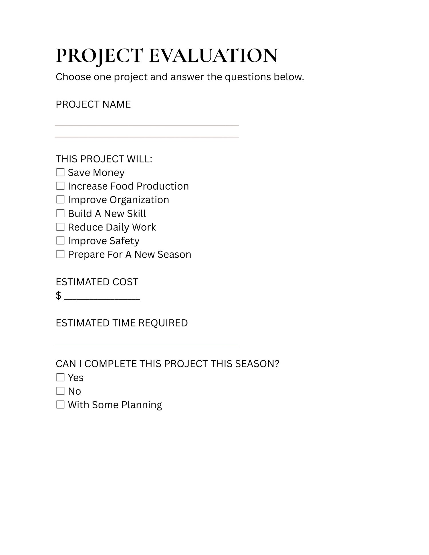 Homestead Project Priority Worksheet printable page featuring sections for ranking projects, setting priorities, and creating a clear plan for garden, home, and property improvements.