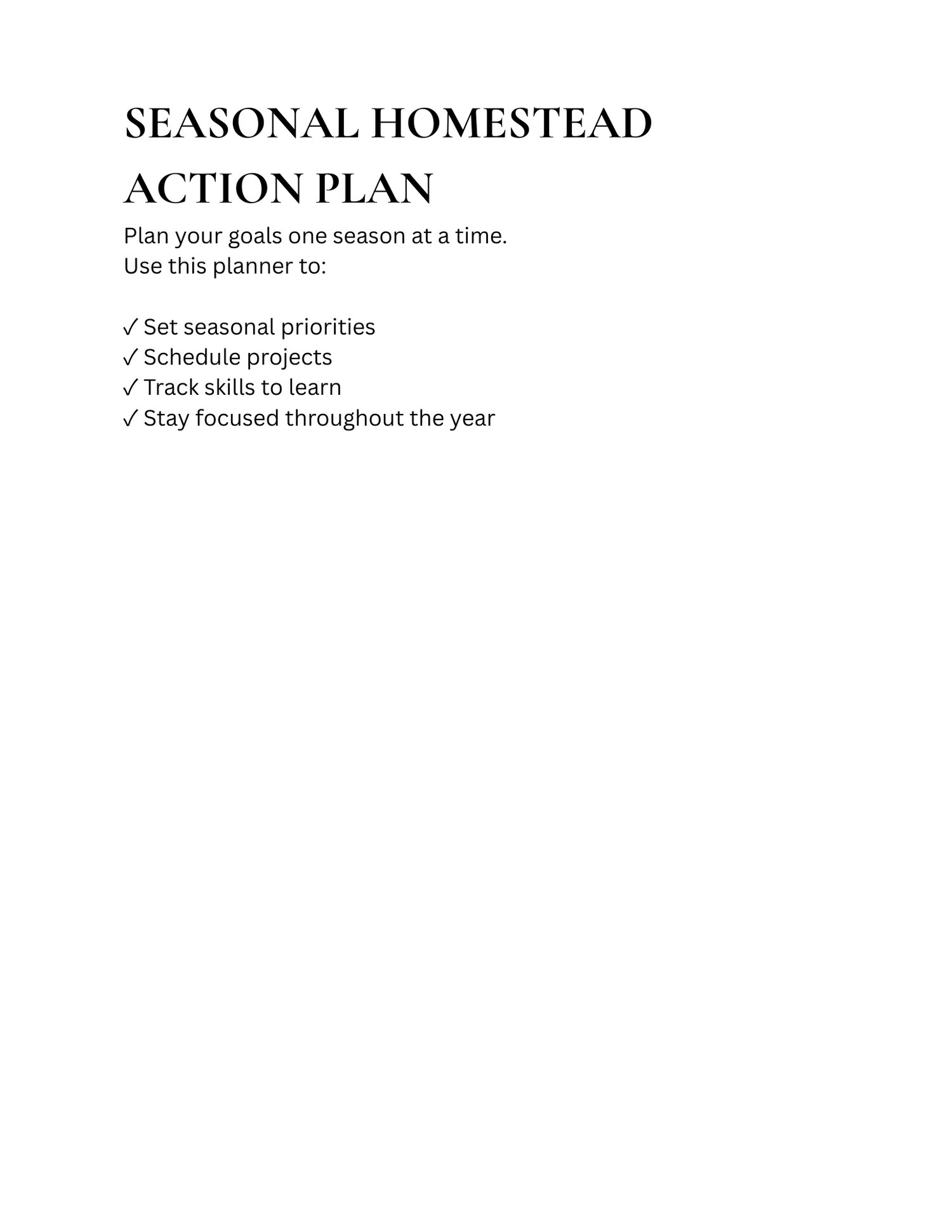 Inside the Seasonal Homestead Action Plan showing printable pages for organizing spring, summer, fall, and winter homestead priorities.