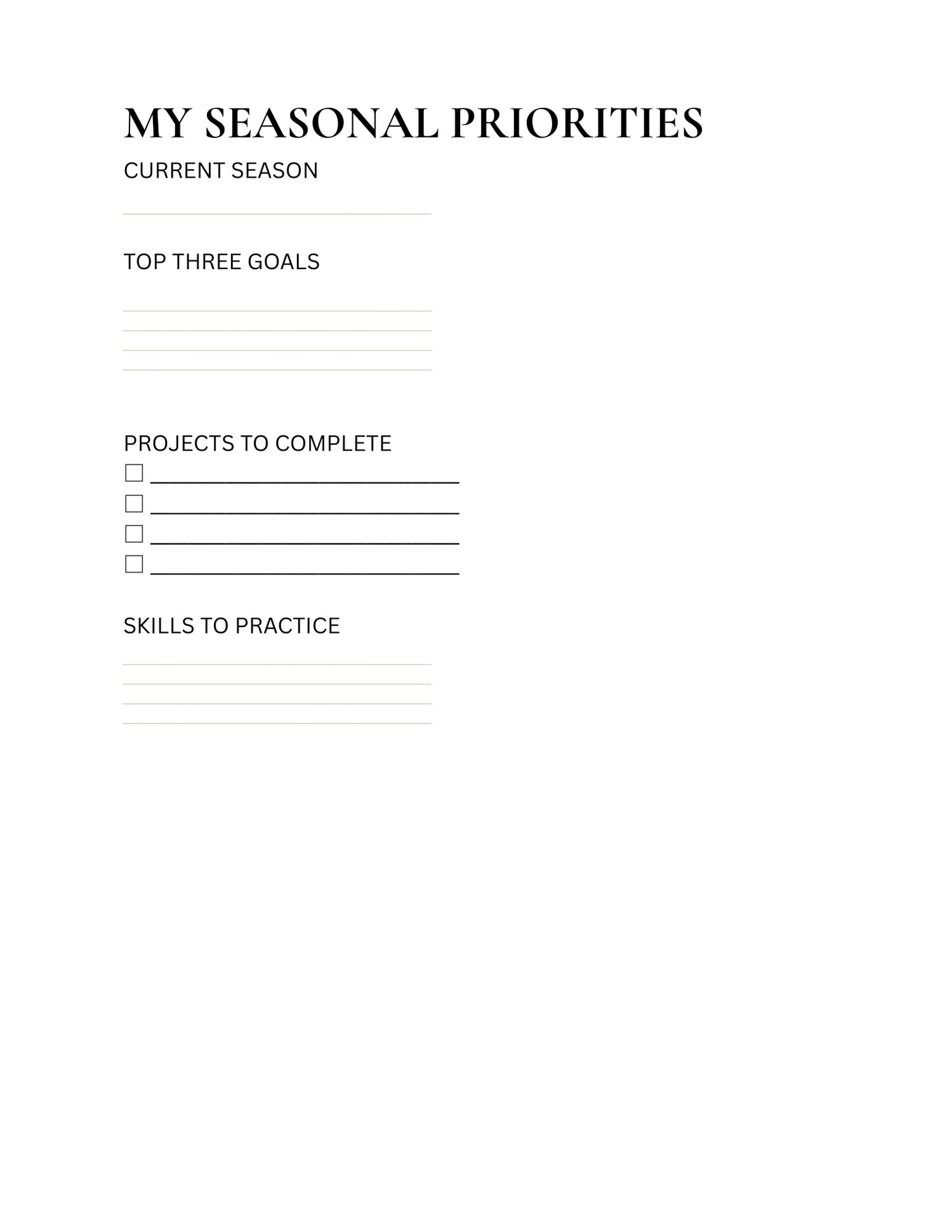 Seasonal homestead planner worksheet featuring sections for tracking tasks, projects, and responsibilities throughout the year.
