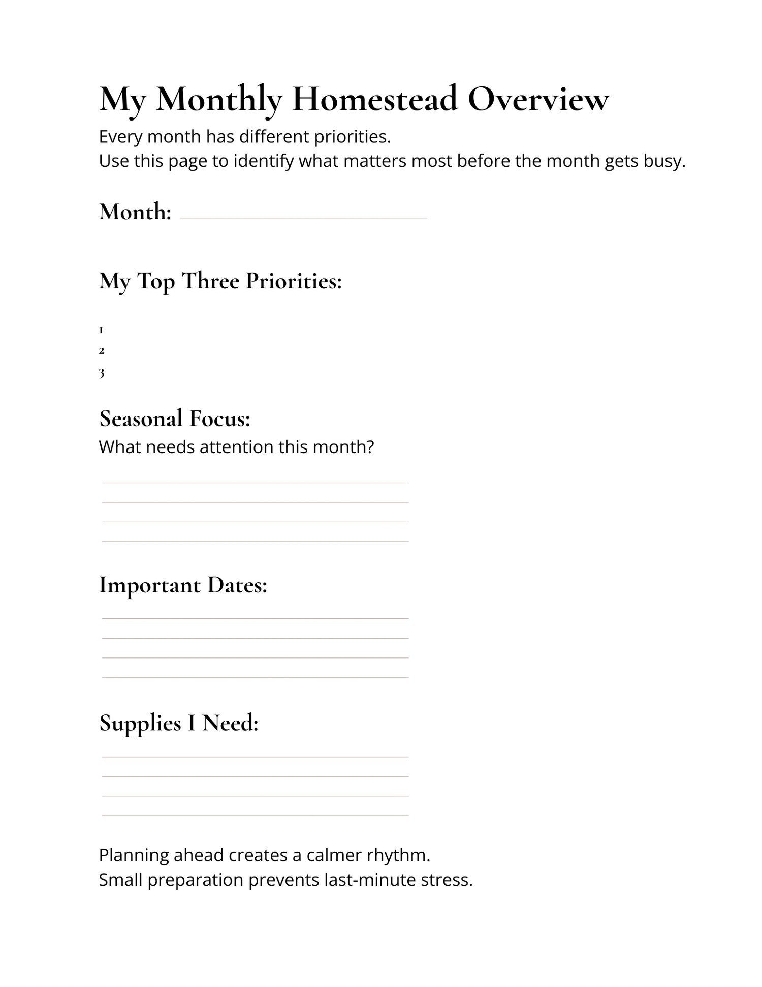 Homestead routine planner worksheet featuring sections for tracking recurring tasks, responsibilities, and monthly priorities.