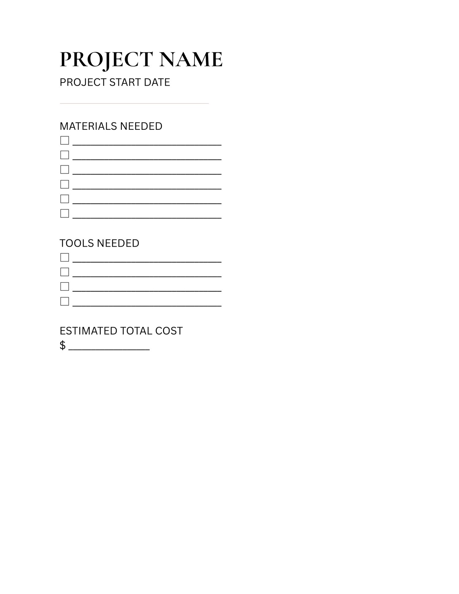 Printable homestead supply checklist page designed to organize purchases, resources, and materials needed for upcoming projects.