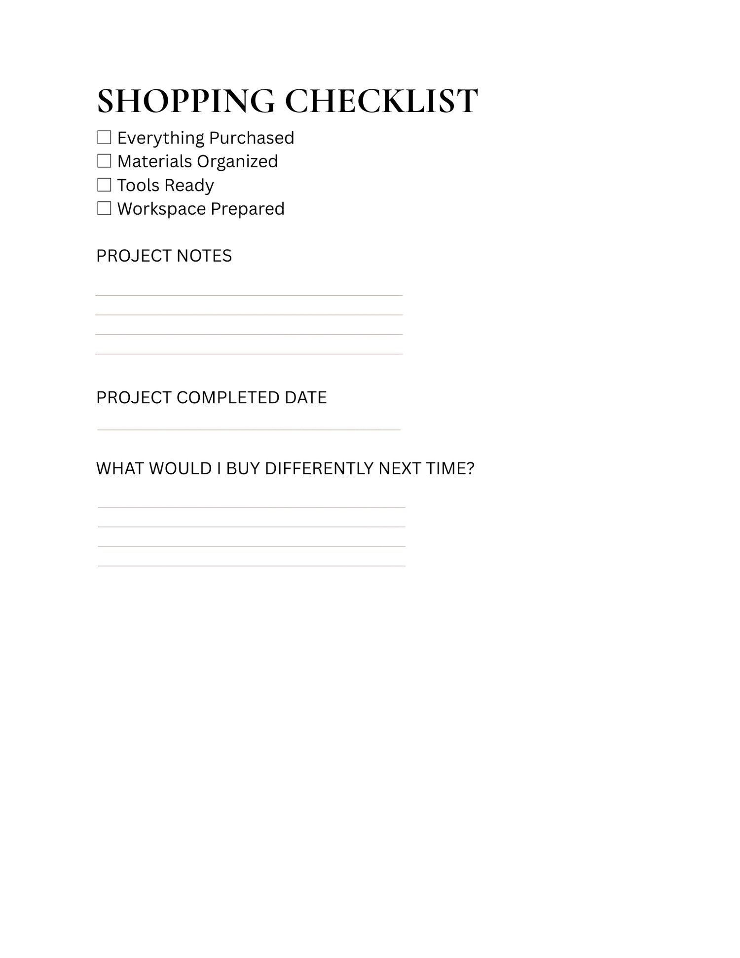 Homestead project planning worksheet showing supply tracking sections for DIY projects, garden builds, and property improvements.