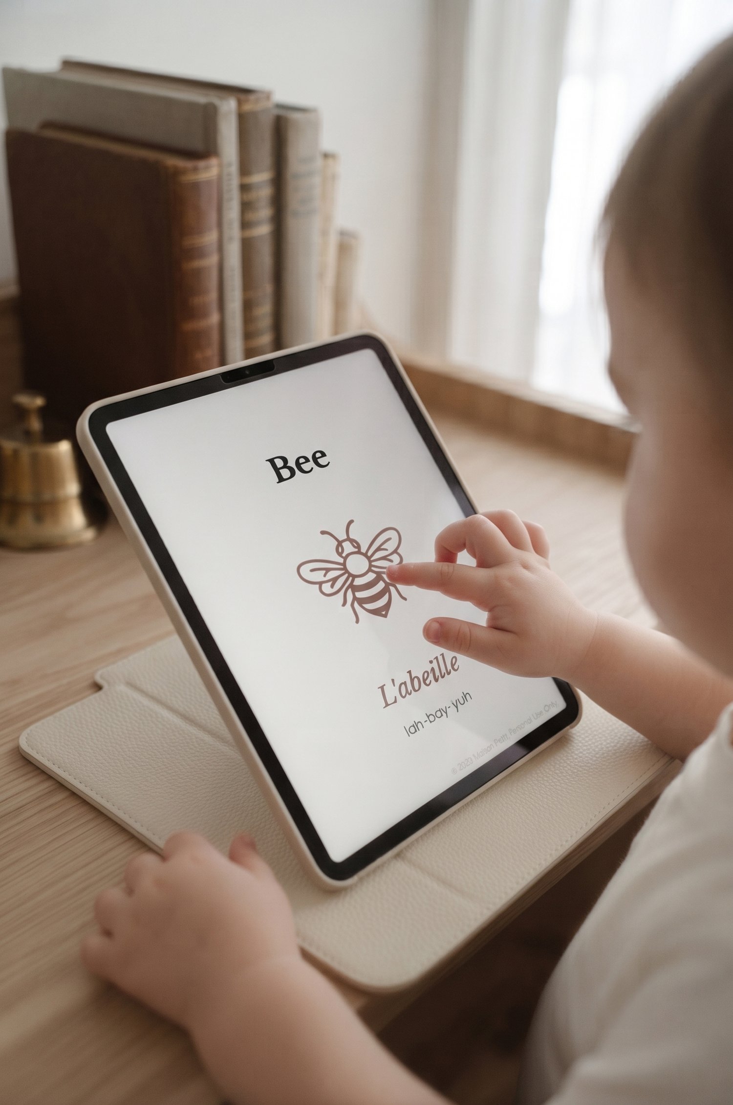 Child using Montessori 3-part cards for nature and science learning at home.