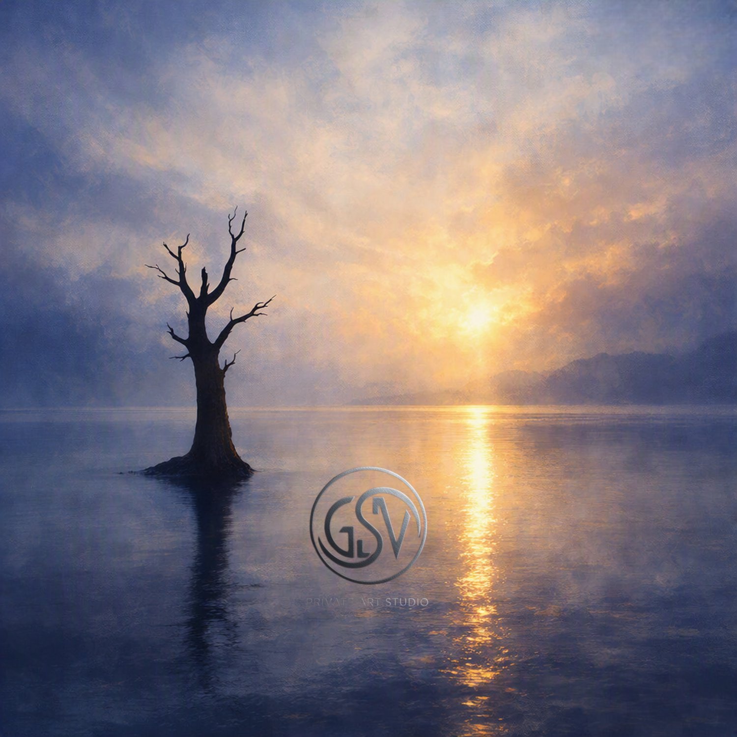 Atmospheric illustration of a bare tree silhouette standing in still water at golden sunrise, for use as album cover art