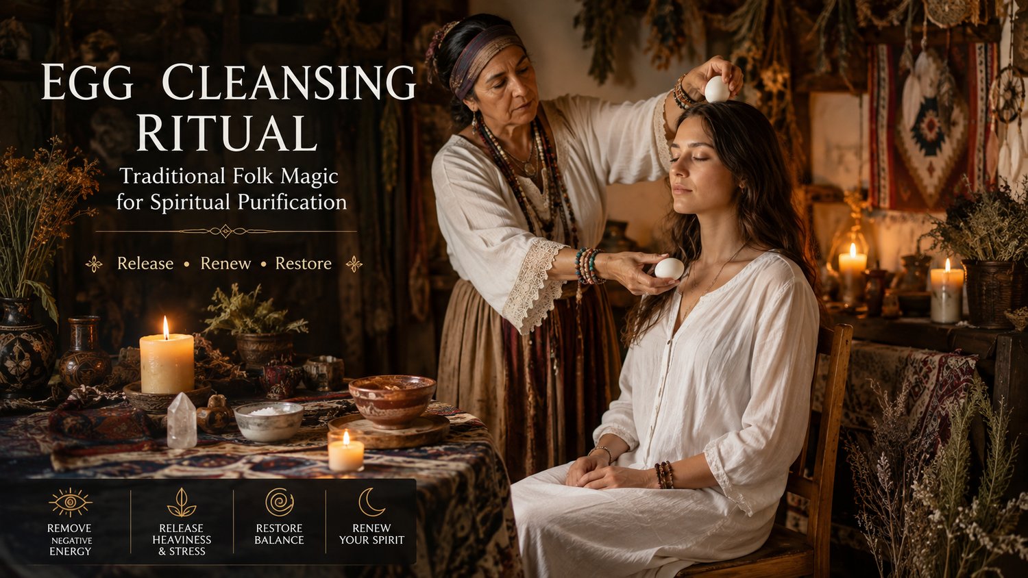 Egg cleansing ritual with a spiritual practitioner cleansing a woman with an egg for spiritual purification and energy cleansing