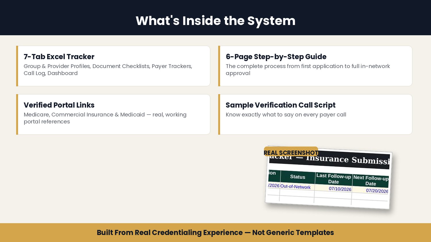 Editable provider credentialing Excel tracker with dashboard, provider profiles, payer trackers, document status, follow-up dates, and call log