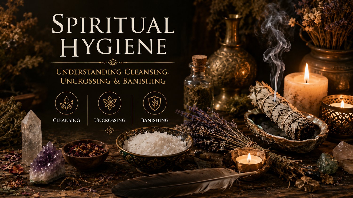 Spiritual hygiene ritual with candles, sage smudging, salt, herbs and crystals for cleansing, uncrossing and banishing
