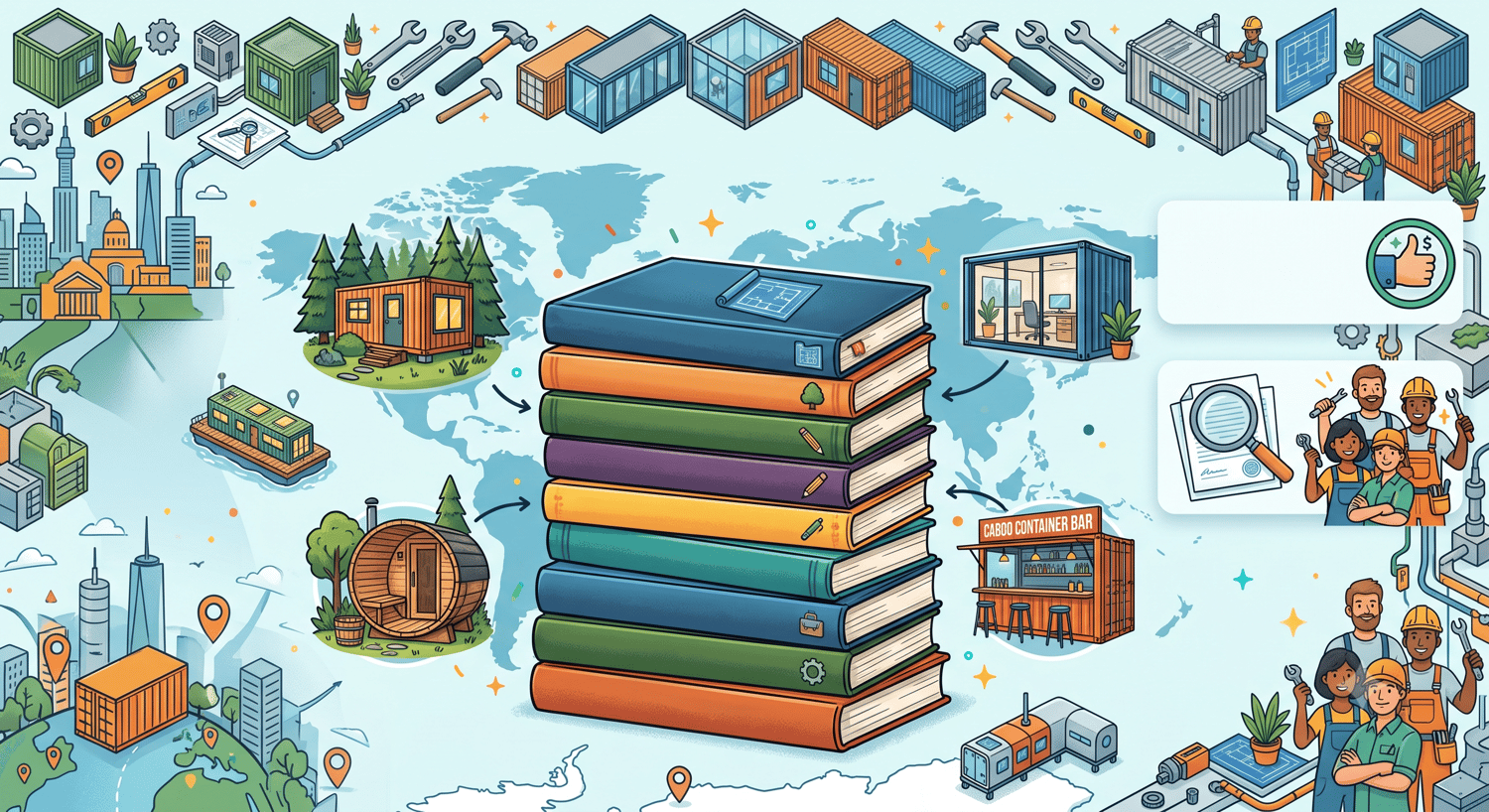 Ultimate Shipping Container & Modular Building Ebook Collection Infographic  Description: A vibrant, text-free vector illustration showcasing a comprehensive ebook collection for shipping container and modular construction. The center features a tall stack of colorful books, surrounded by various project concepts including a container home in a forest, a barrel sauna, a modern glass-front modular office, and a cargo container bar. The border is decorated with construction tools, blueprints, building crews, and city skylines over a light blue world map, symbolizing global permits, local regulations, and expert builder tips.