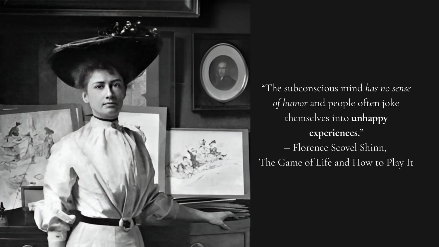 Florence Scovel Shinn in her art studio, with a quote from The Game of Life and How to Play It on the subconscious mind.