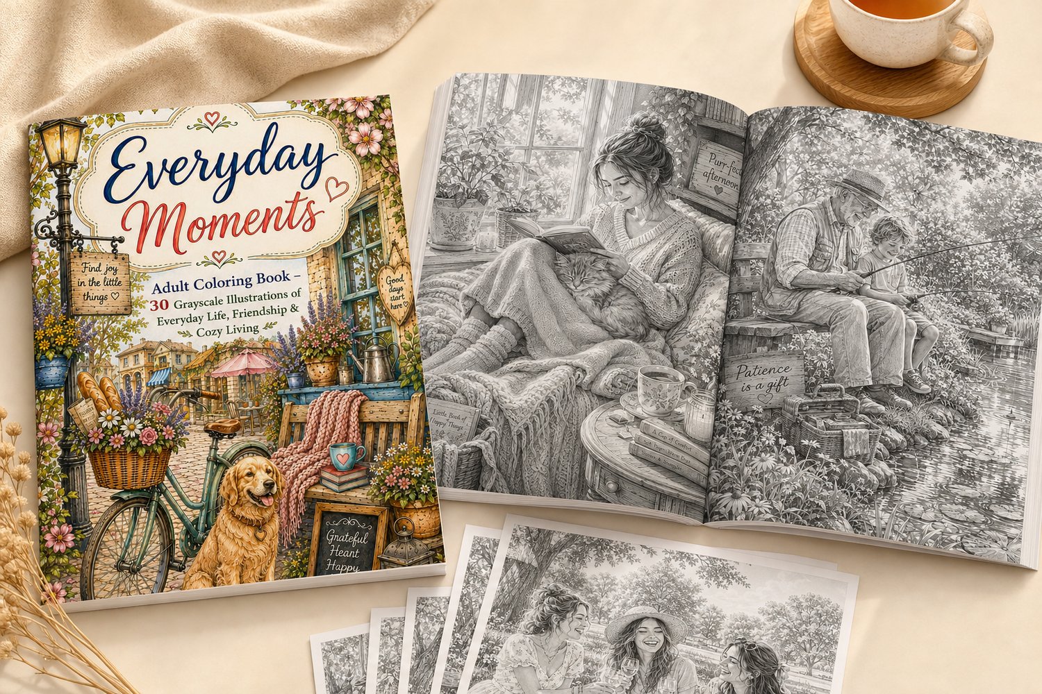 Produktmockup des Malbuchs „Everyday Moments“ mit farbigem Cover, geöffnetem Buch und mehreren detailreichen, rahmenlosen Graustufen-Illustrationen auf einem warmen, hellen Tisch.