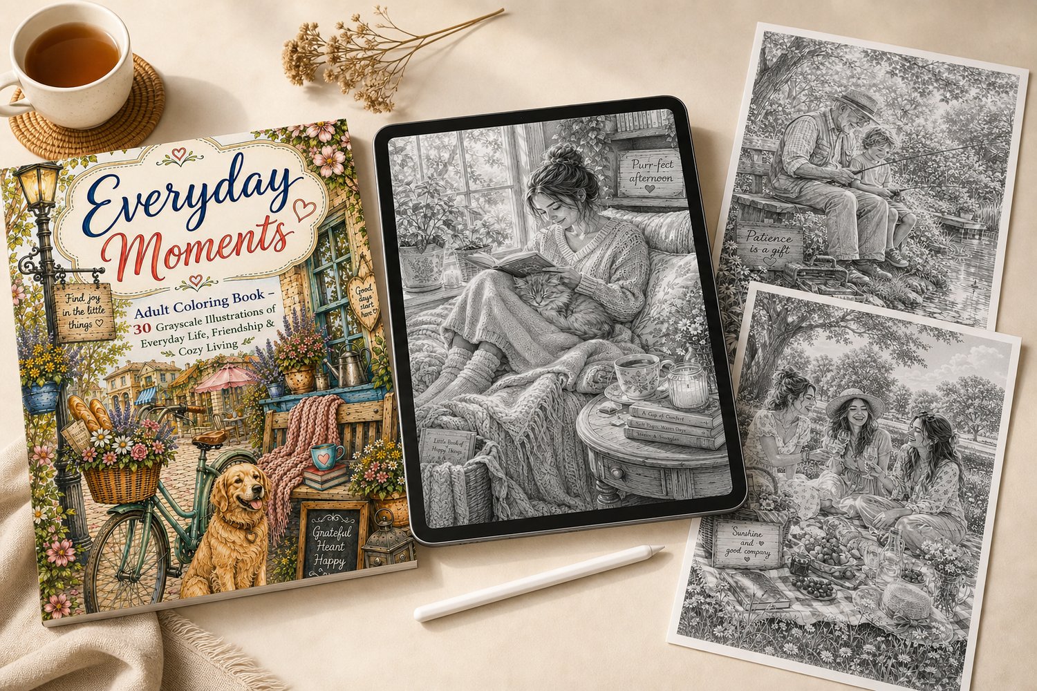 Produktmockup des Malbuchs „Everyday Moments“ mit farbigem Cover, Tablet und Stift sowie drei rahmenlosen Graustufen-Malvorlagen in einer gemütlichen, hellen Tischszene.