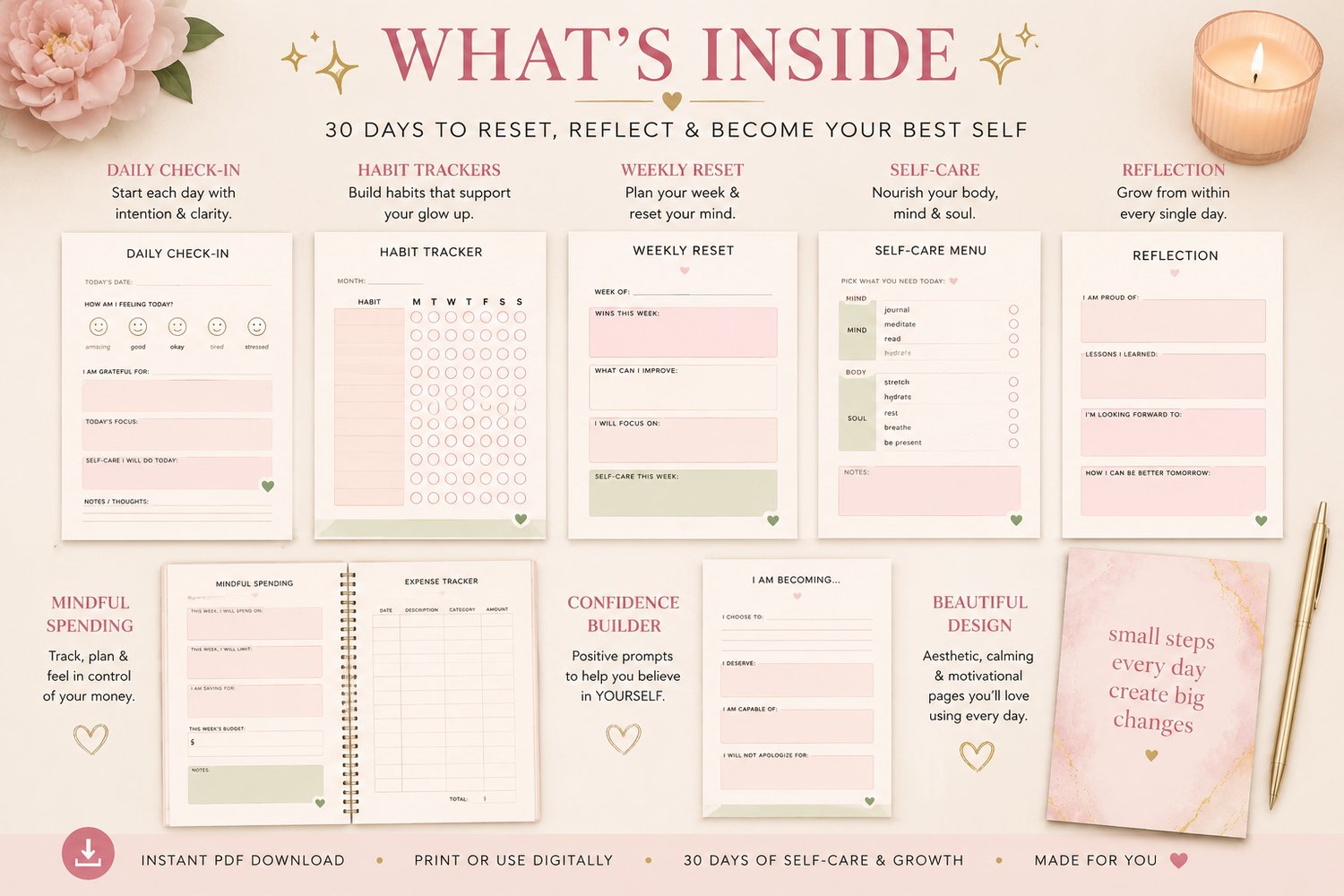 The Soft Glow Reset planner pages and features preview