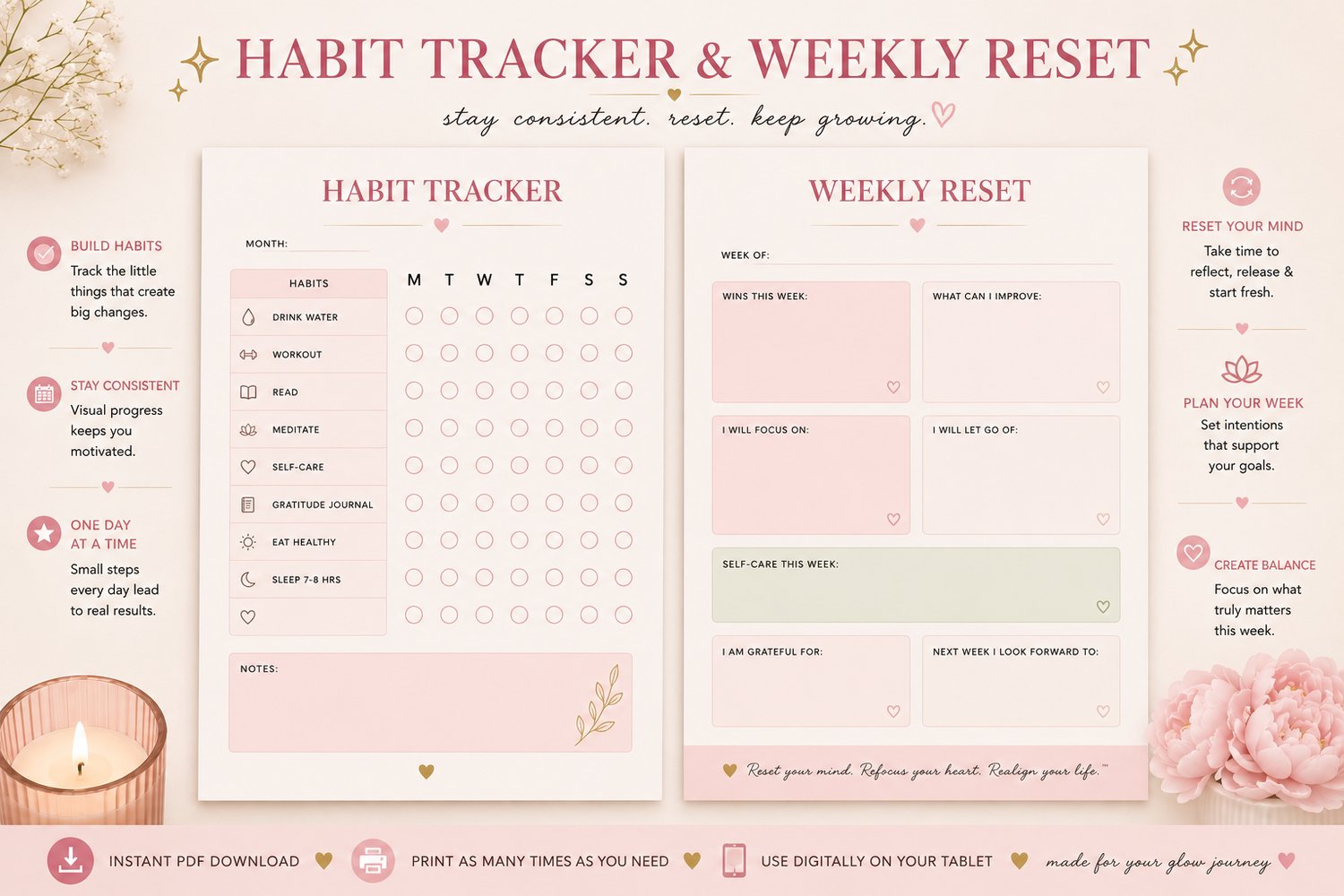 Habit tracker and weekly reset pages from The Soft Glow Reset planner
