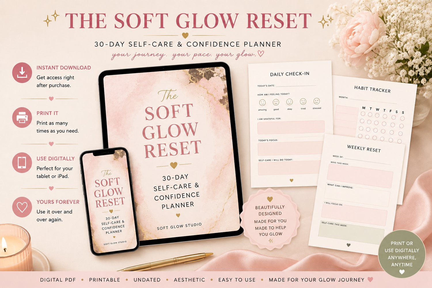 The Soft Glow Reset printable and digital planner mockup