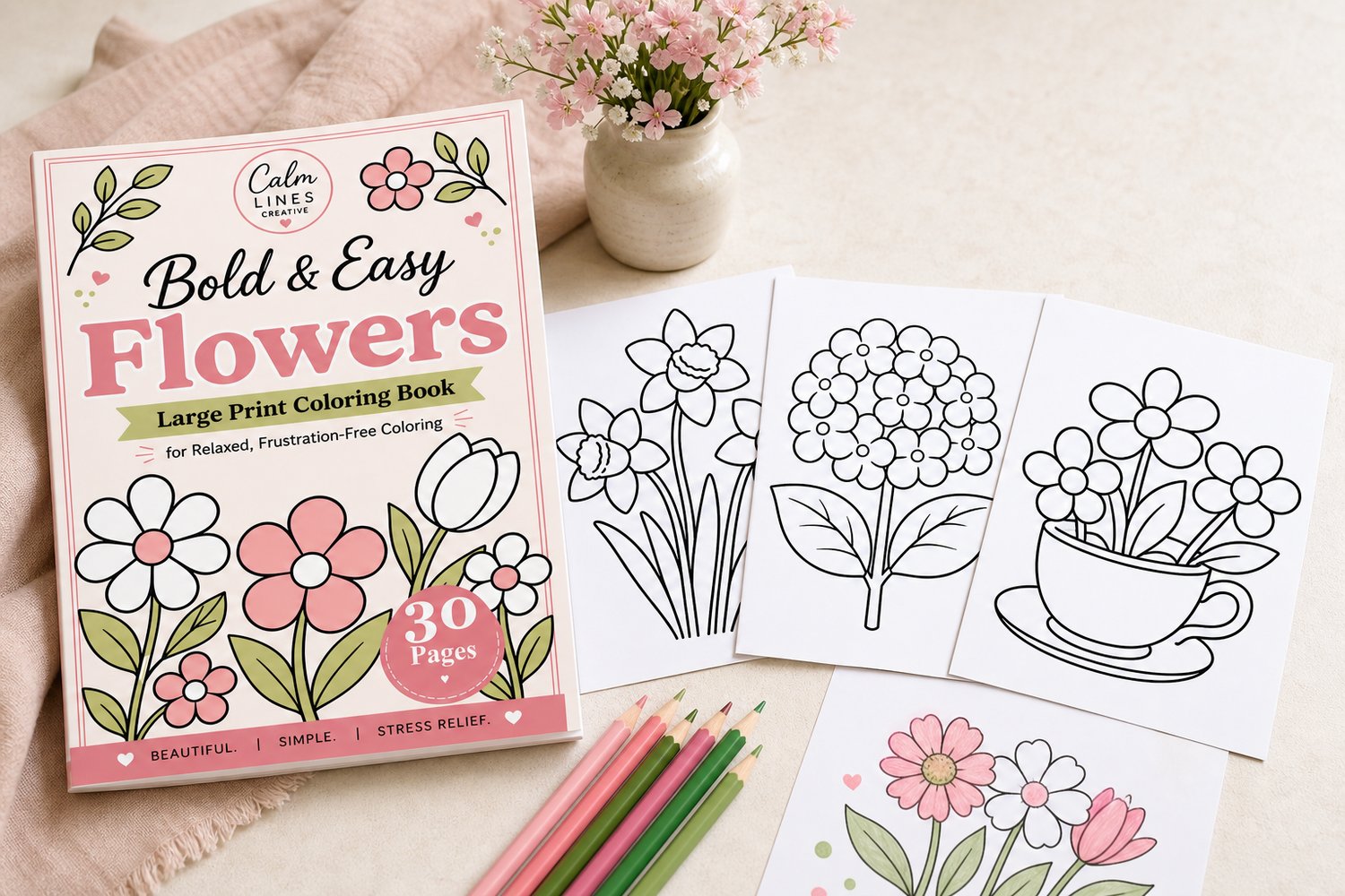 Produktmockup des Malbuchs „Bold & Easy Flowers“ mit 30 Seiten, drei großflächigen Blumenmotiven, Buntstiften und einer teilweise kolorierten Beispielseite.