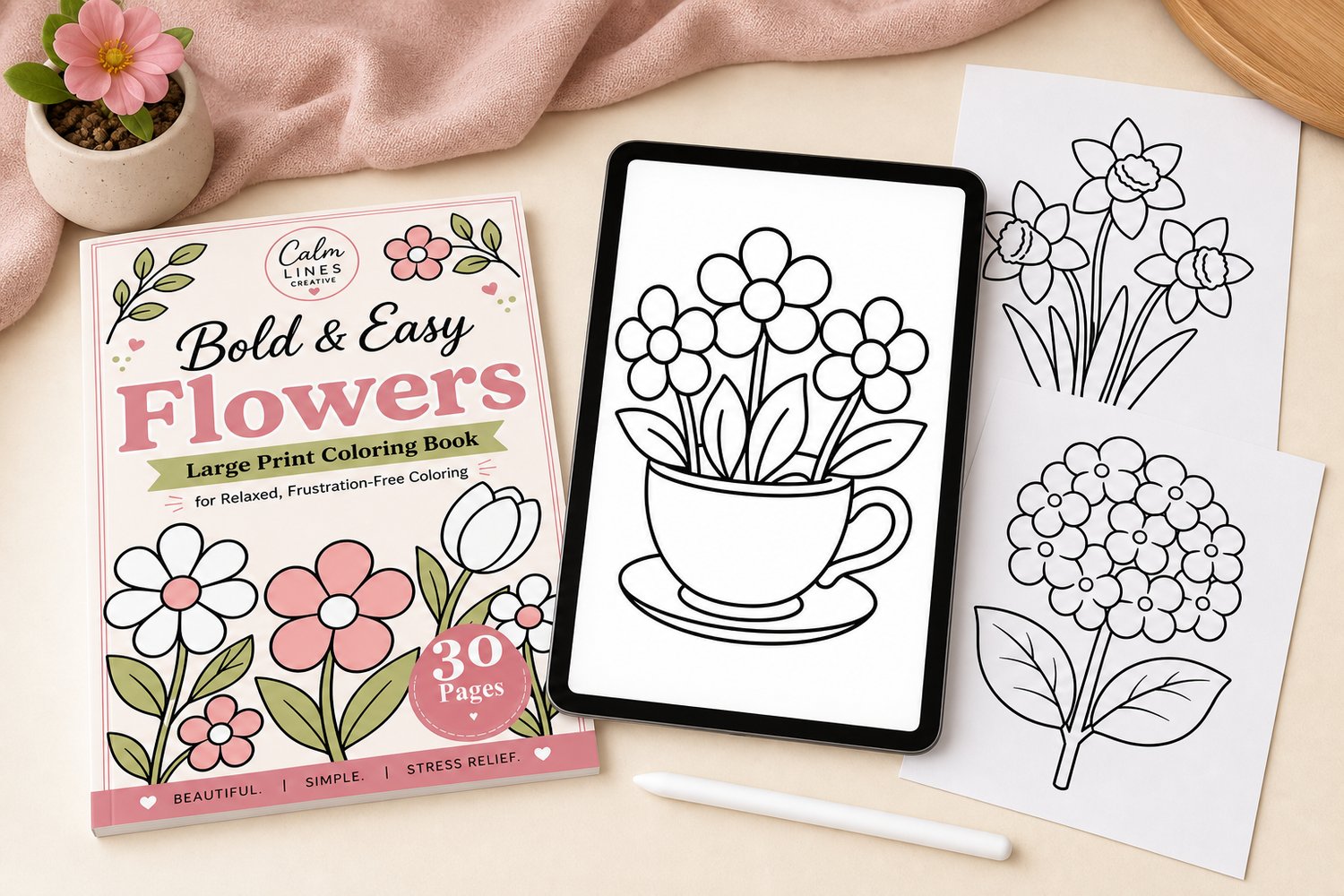 Produktmockup des Malbuchs „Bold & Easy Flowers“ mit 30 Seiten, Tablet und Stift sowie einfachen Blumenmotiven mit kräftigen schwarzen Linien.