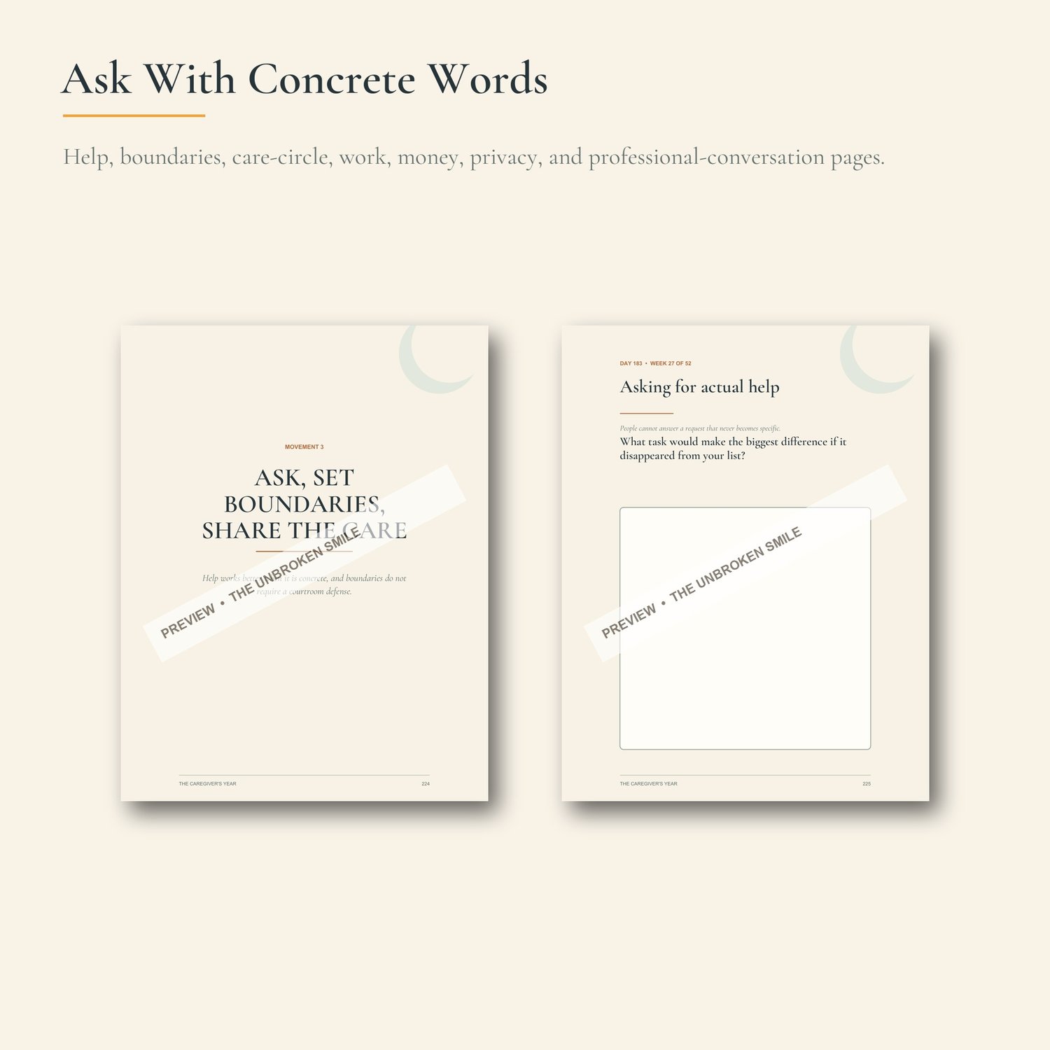 Watermarked pages from the asking, boundaries, and shared-care movement.