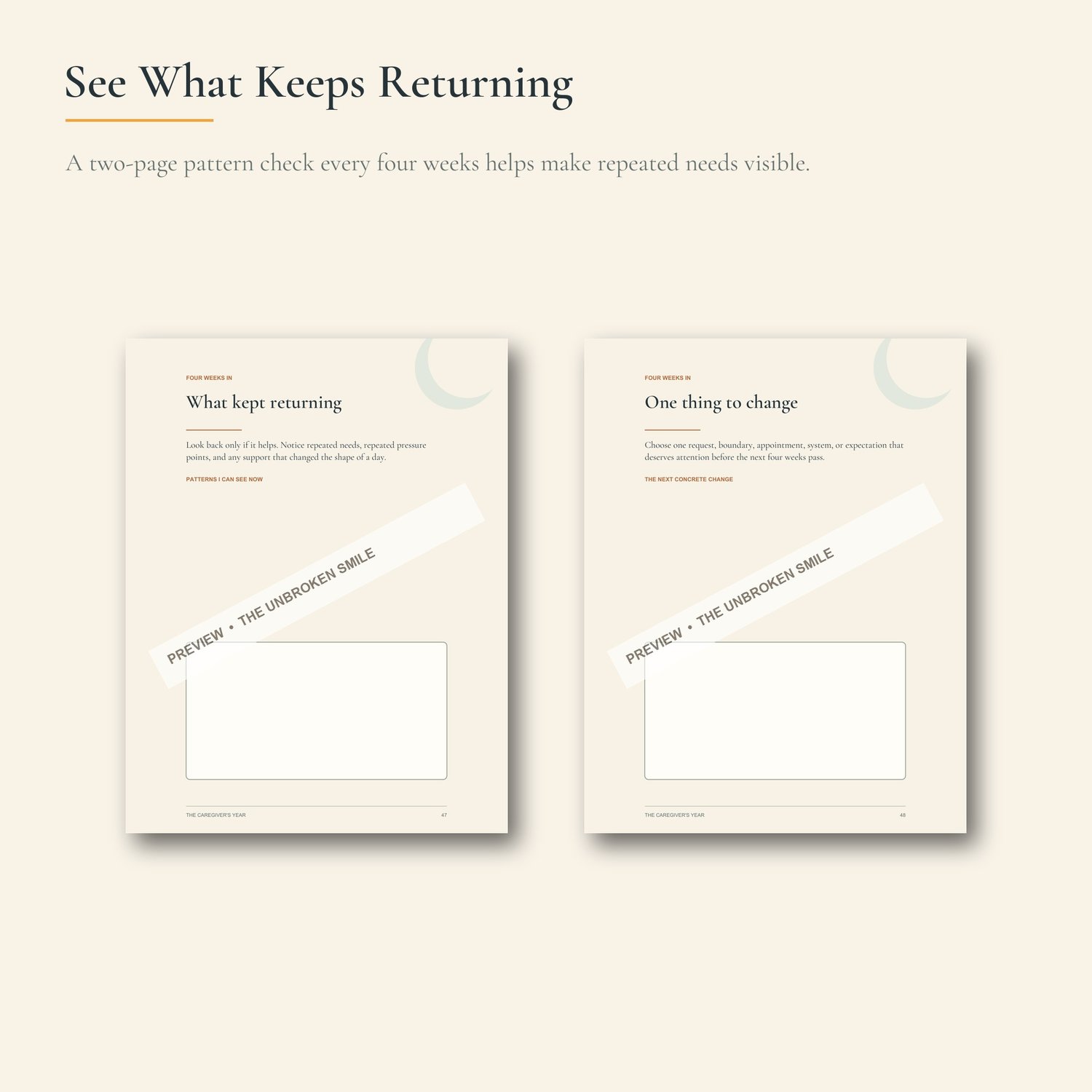 Two watermarked four-week check-in pages for repeated patterns and one concrete change.