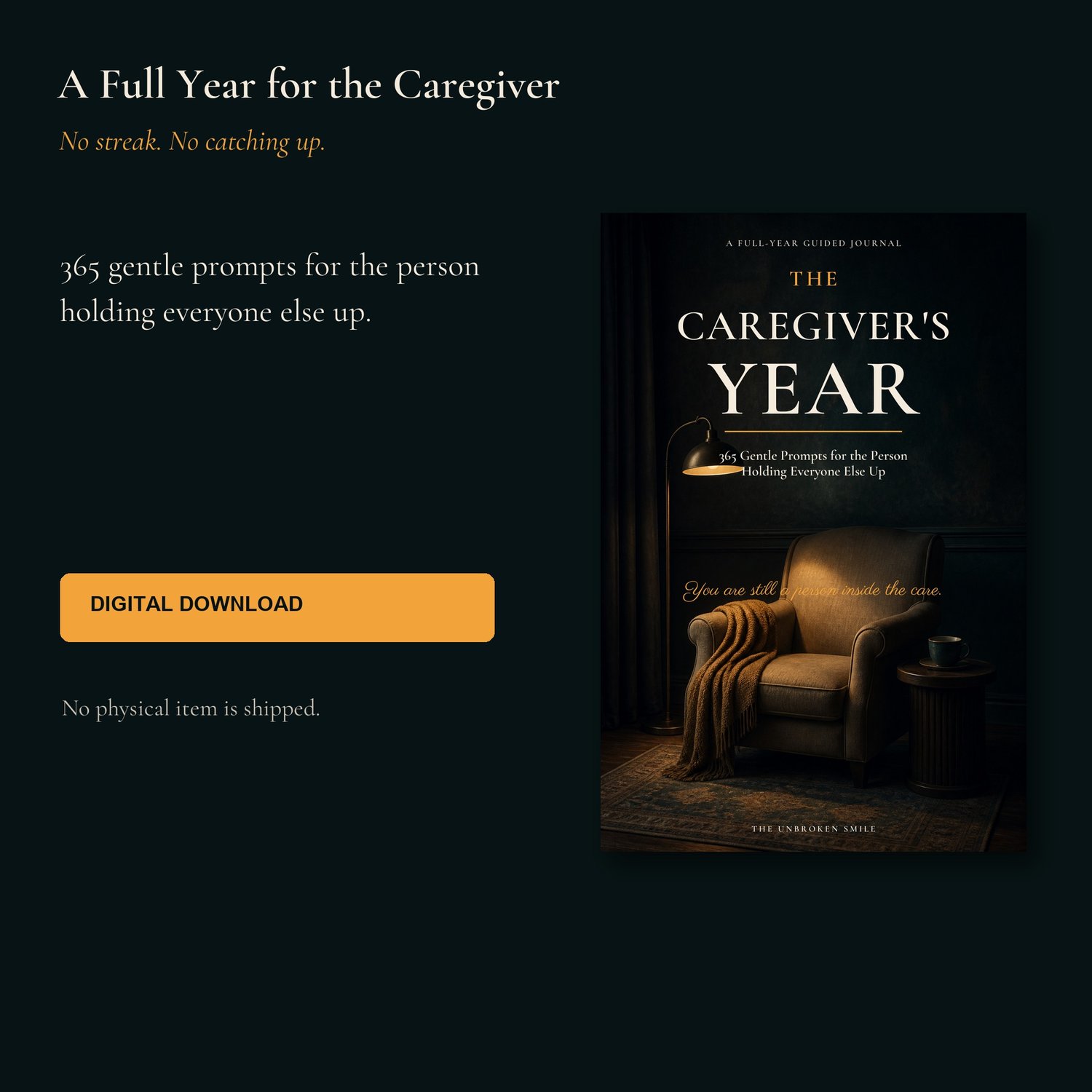 The Caregiver's Year digital cover beside text describing a full-year caregiver journal.