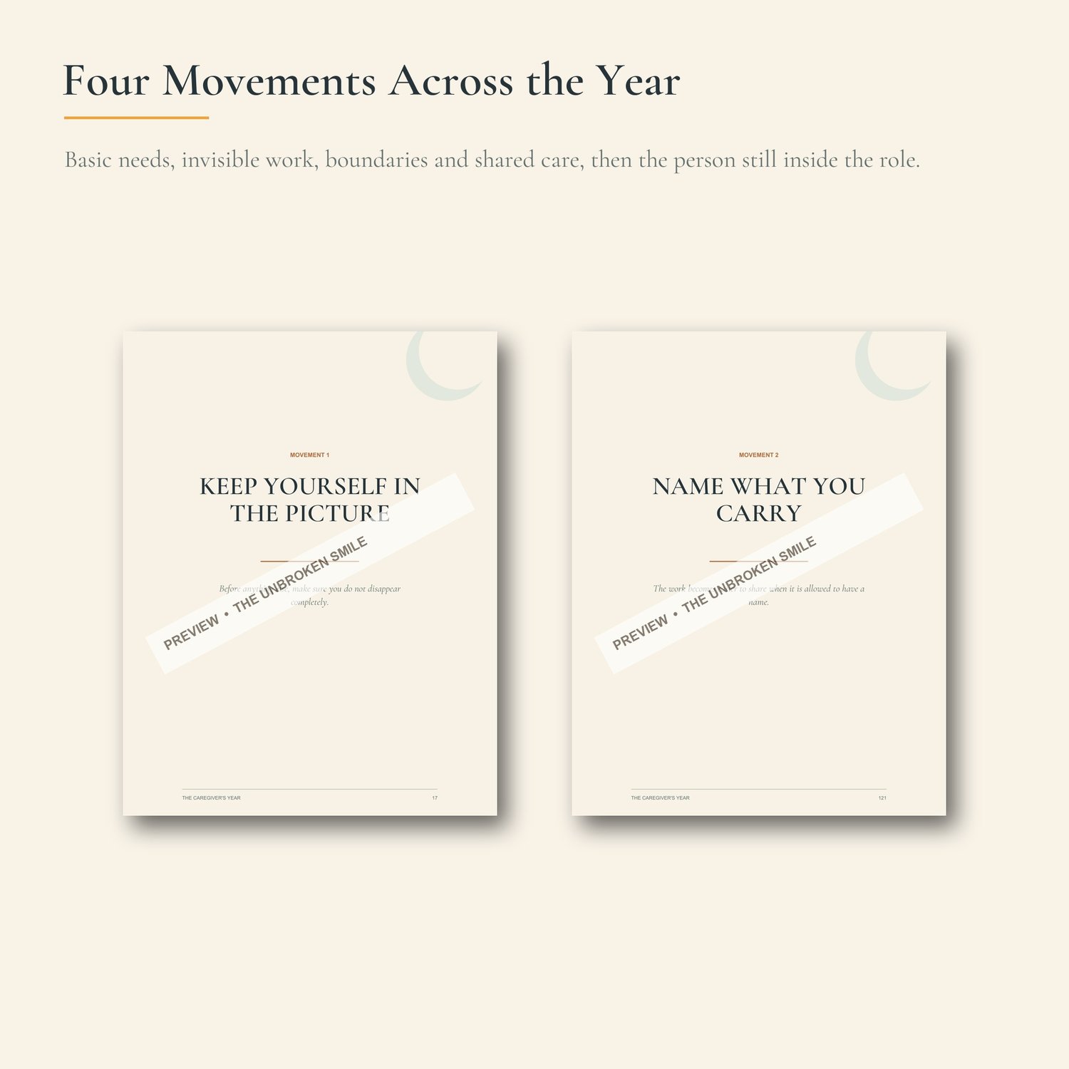 Two watermarked movement pages from the year-long caregiver journal.