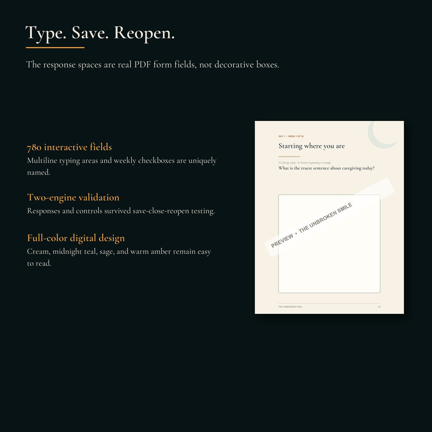 Watermarked fillable prompt page beside facts about fields, save and reopen validation, and color design.