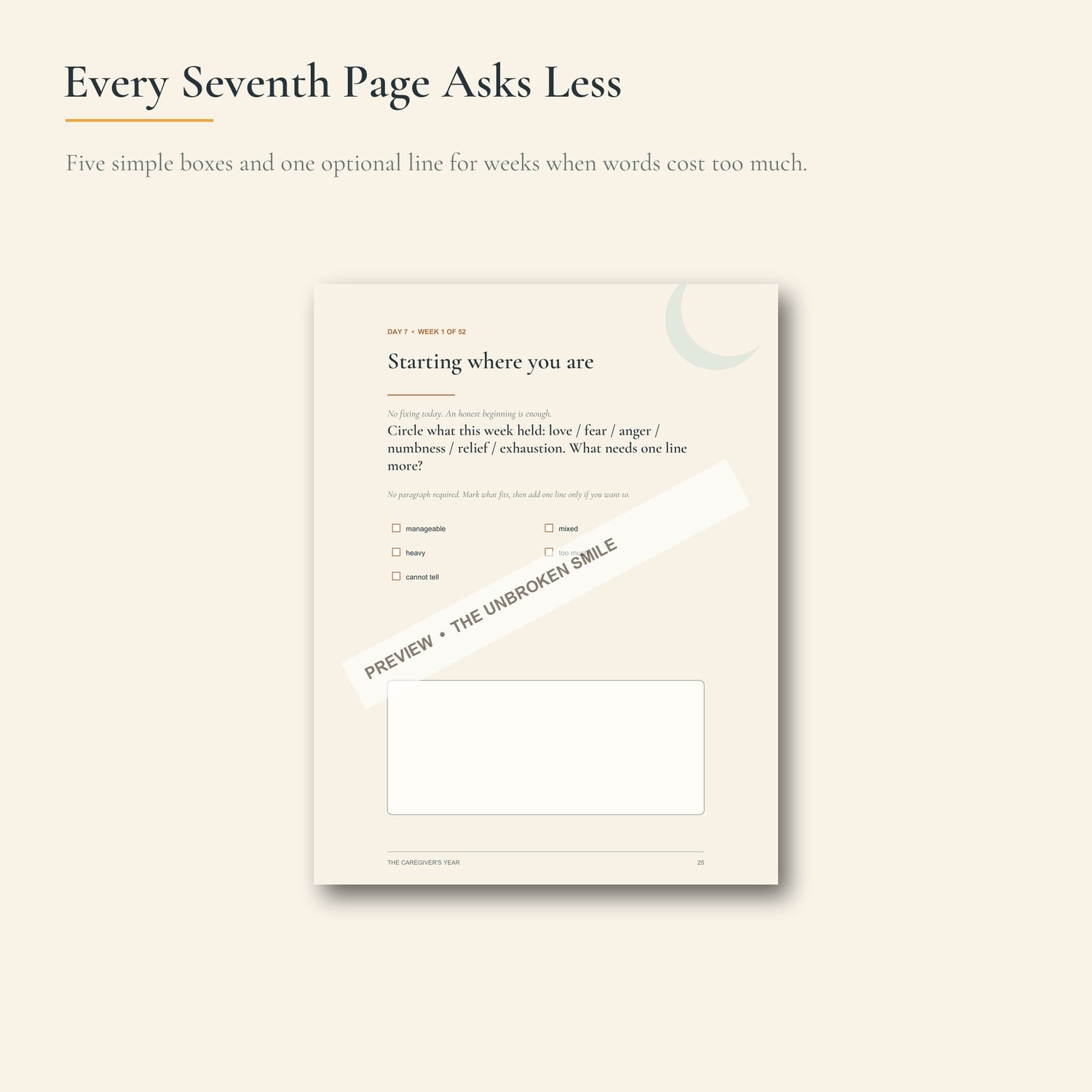 Watermarked lower-effort weekly check-in with five checkboxes and one optional response area.