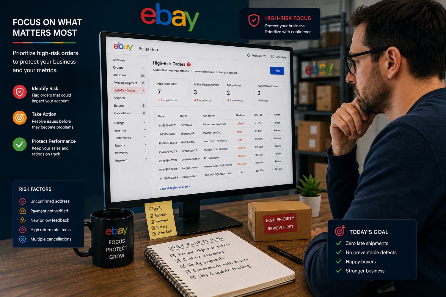 eBay seller prioritizing high-risk orders in an ecommerce fulfillment queue