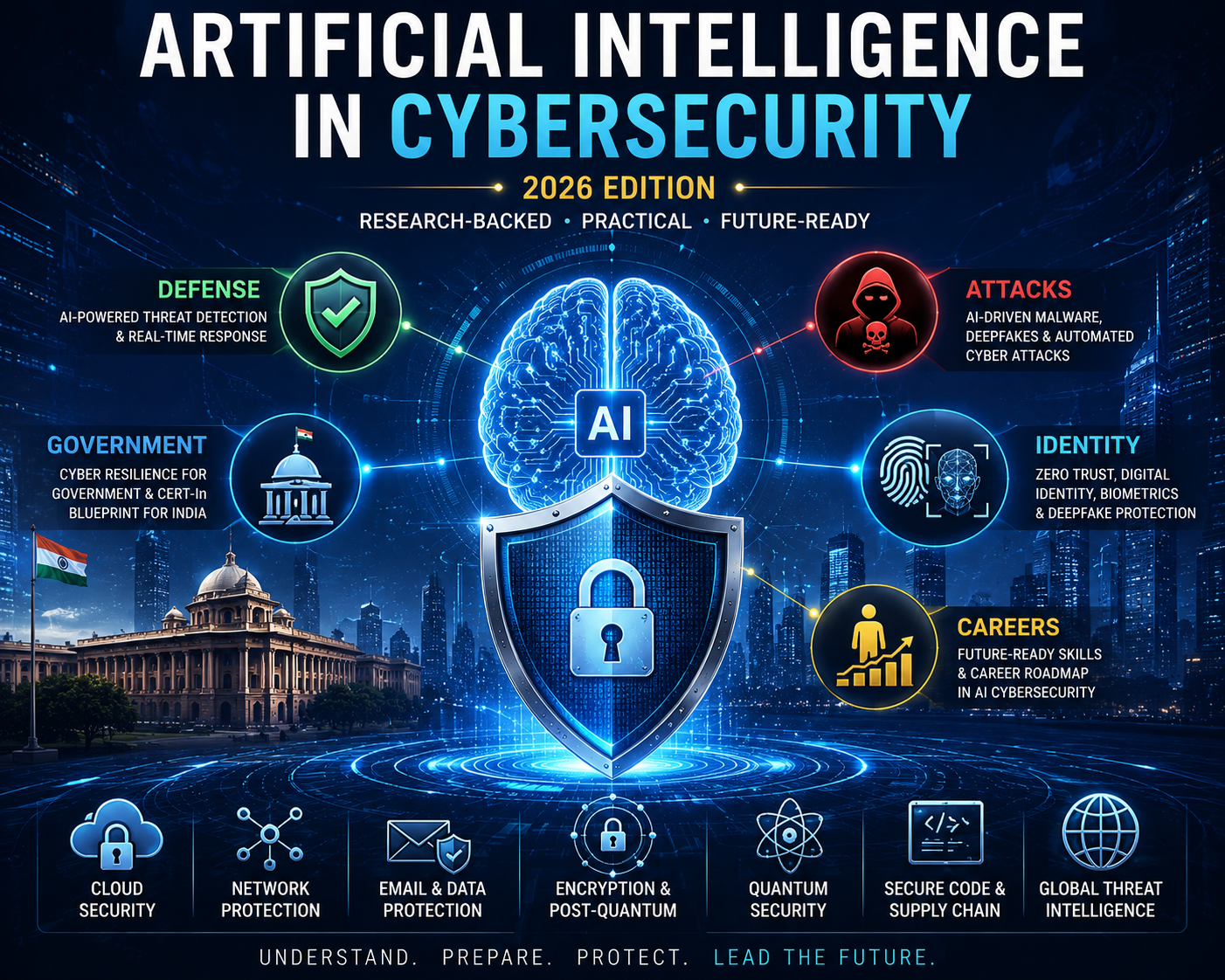 AI In Cybersecurity eBook cover featuring a digital security shield, artificial intelligence network, glowing padlock, and cybersecurity technology design.