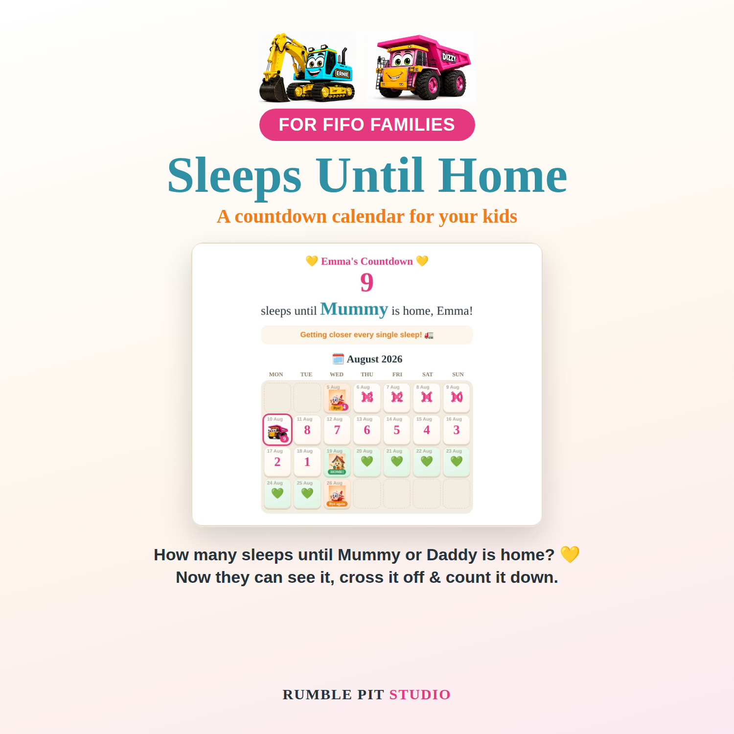 A fun interactive countdown calendar made for FIFO kids. Little ones pick Dizzy or Ernie and count the sleeps until Mummy or Daddy is home. Works on any phone, tablet or computer.
