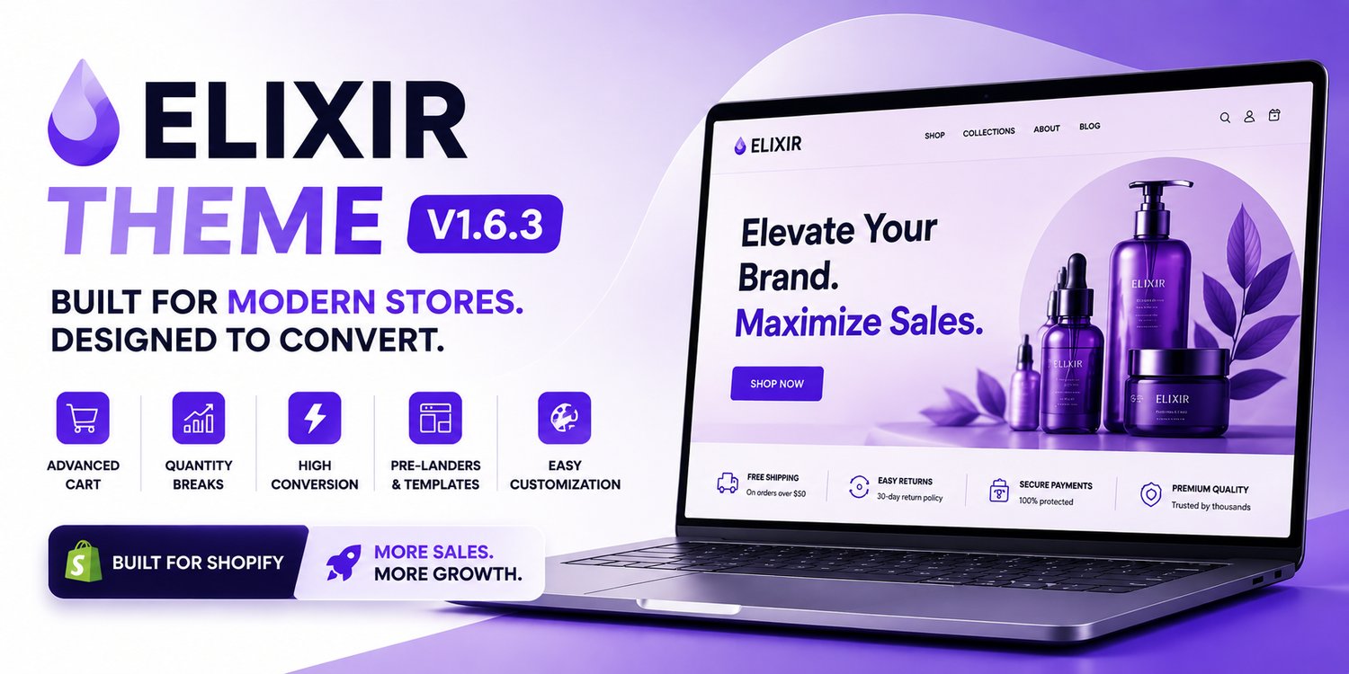 Elixir Shopify Theme V1.6.3 premium ecommerce theme with modern store design, advanced cart and conversion-focused features
