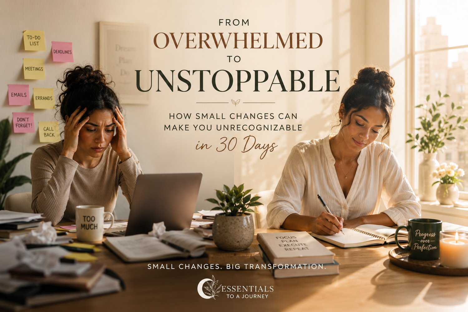 Warm editorial lifestyle image of a woman sitting calmly at a sunlit workspace with a journal, laptop, plants, and books focused on better habits and personal growth. Text reads “From Overwhelmed to Unstoppable: How Small Changes Can Make You Unrecognizab
