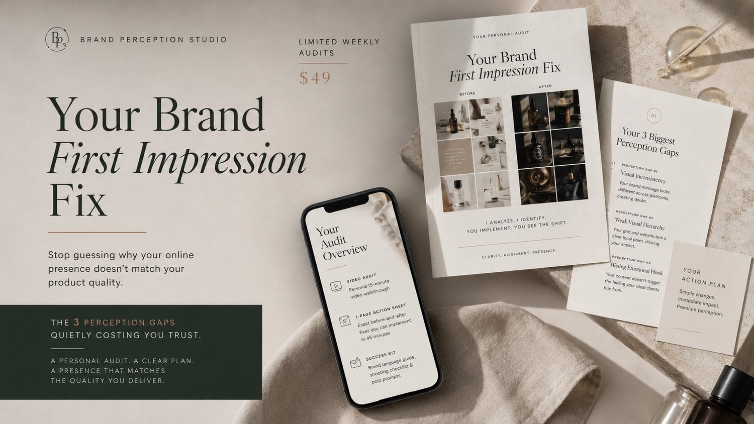 Editorial product mockup for Your Brand First Impression Fix showing a smartphone, private video audit sheet, and before-and-after visual perception guide for boutique brands.
