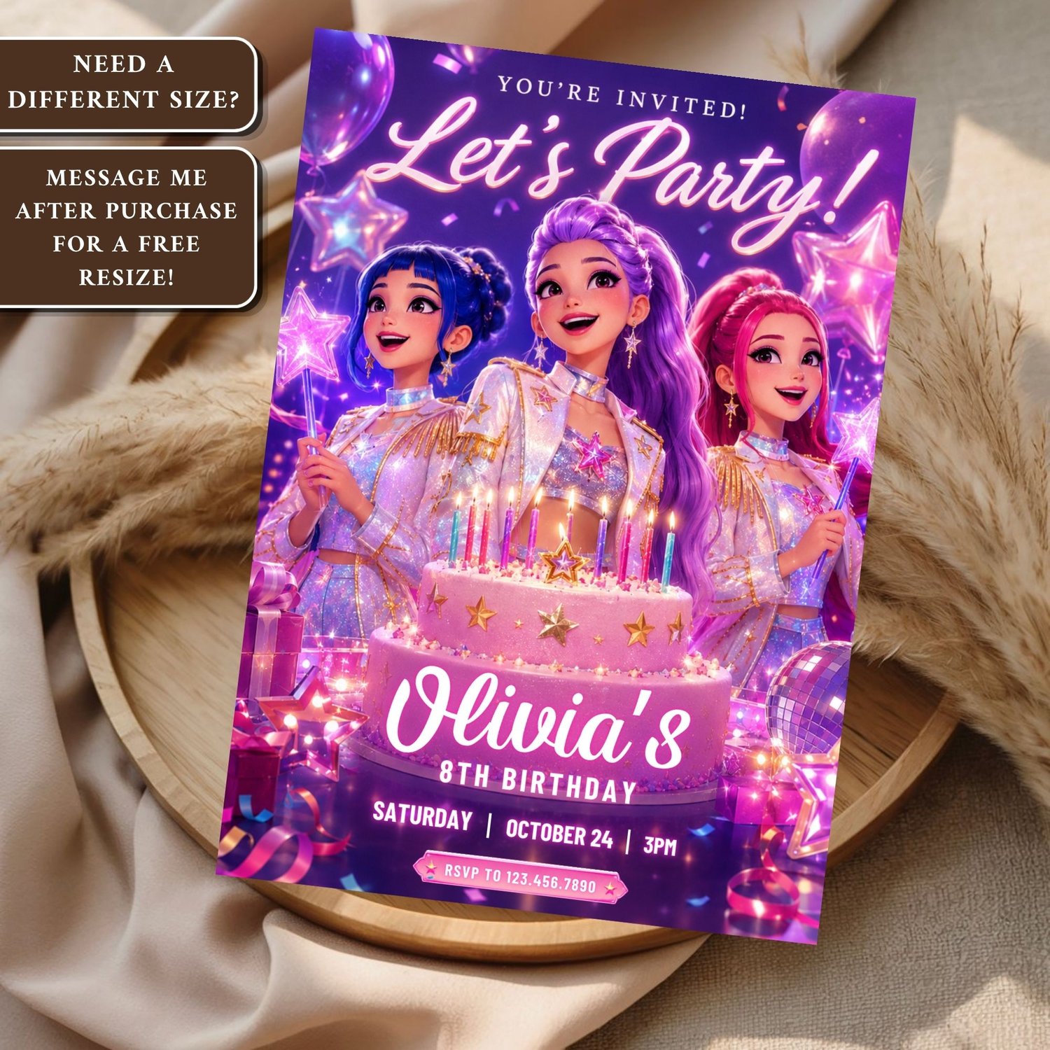K-Pop Demon Hunters birthday party invite featuring Huntrix