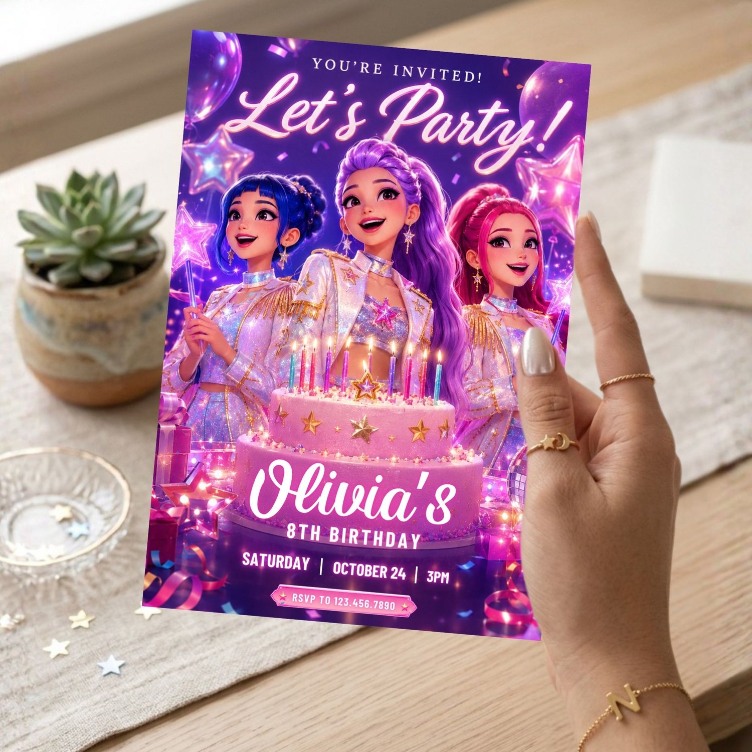 Editable K-Pop Demon Hunters birthday invitation Canva template