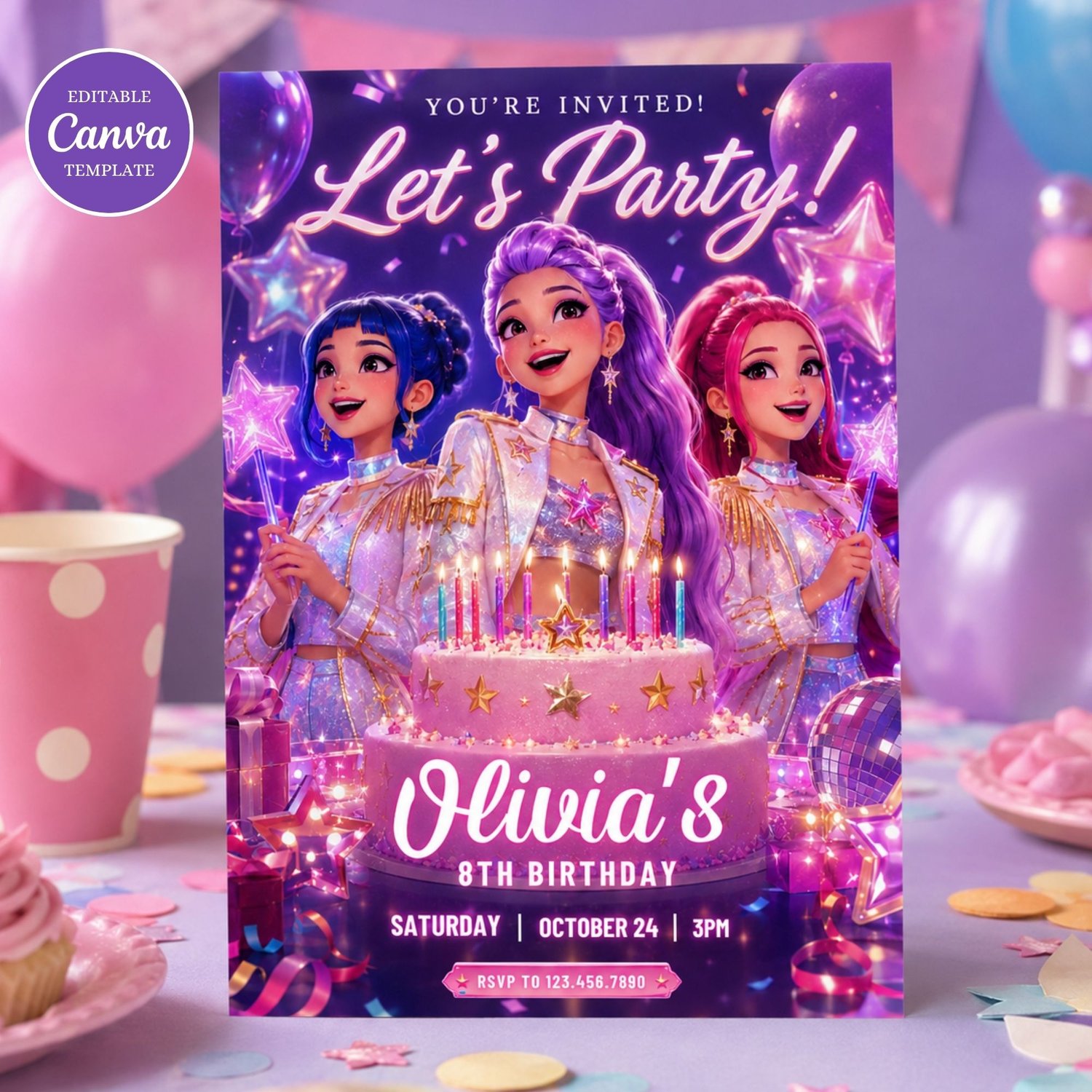 K-Pop Demon Hunters birthday invitation editable Canva template